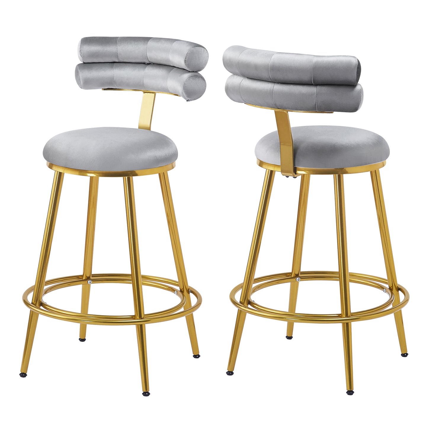 Two light grey velvet bar stools with plush tufted backs and gold metal legs