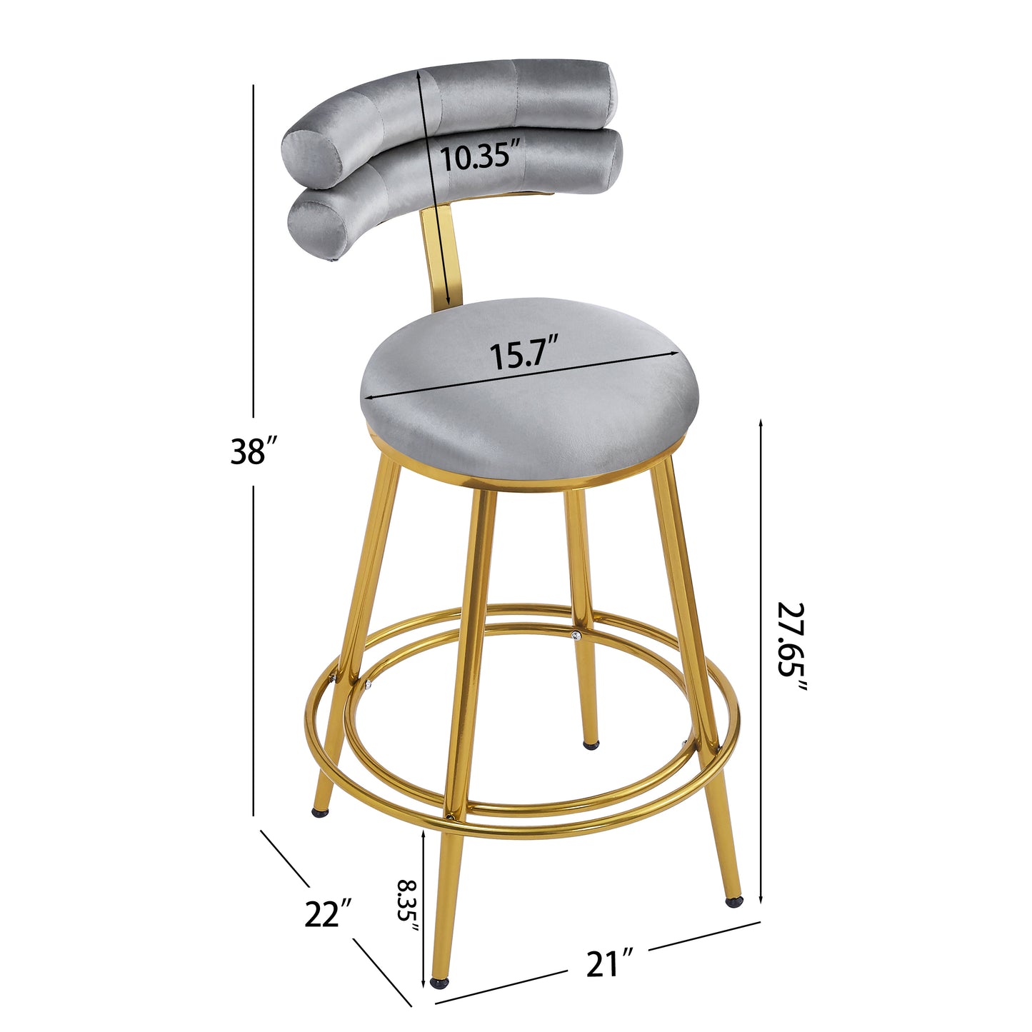 Grey velvet upholstered bar stool with gold metal legs and a curved backrest