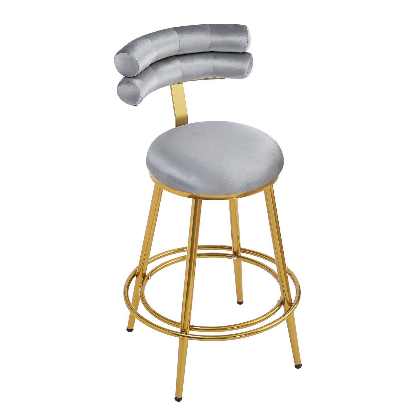 Grey velvet bar stool with curved back and gold metal legs perfect for modern kitchens