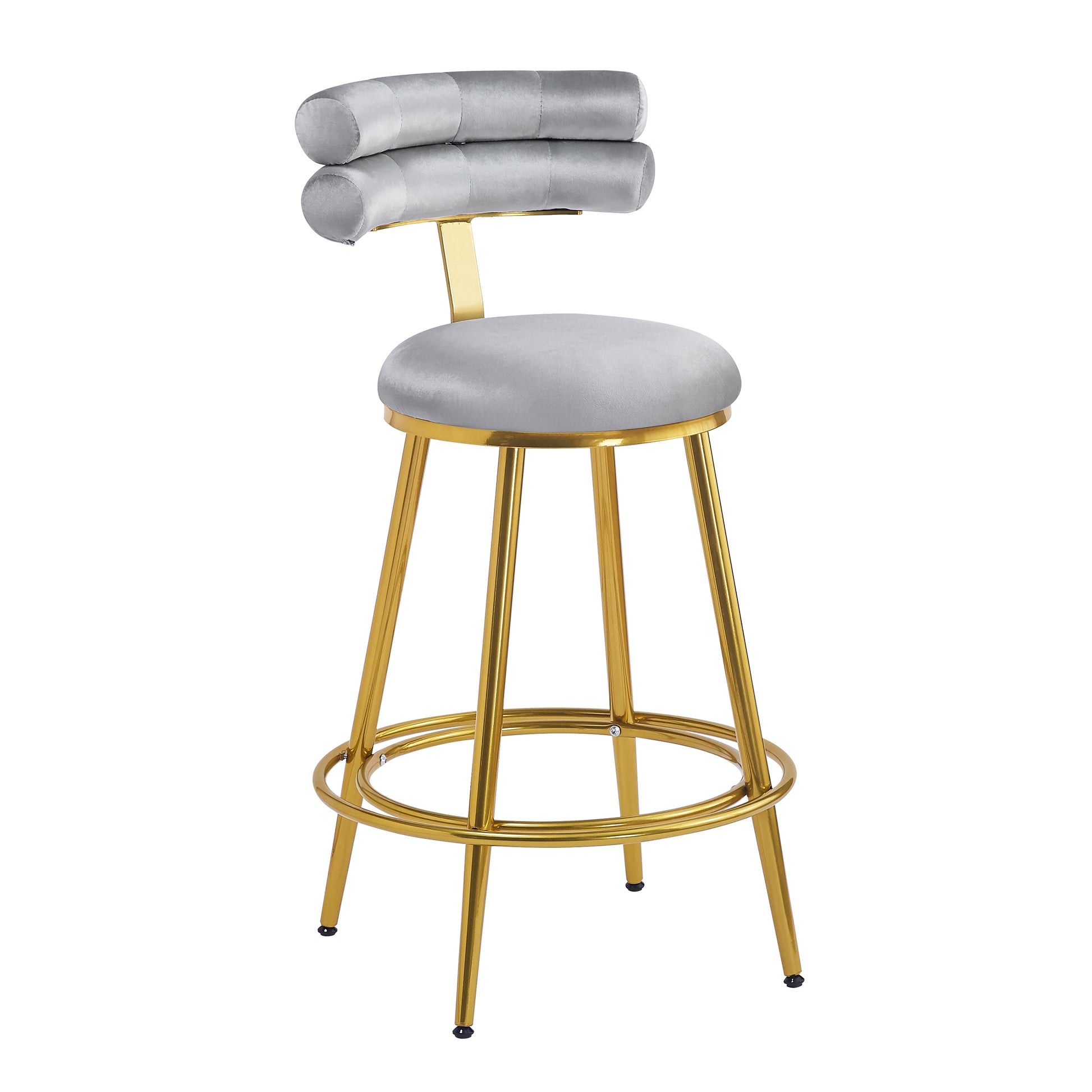 Sleek grey velvet bar stool with tufted back and polished gold legs perfect for modern kitchens