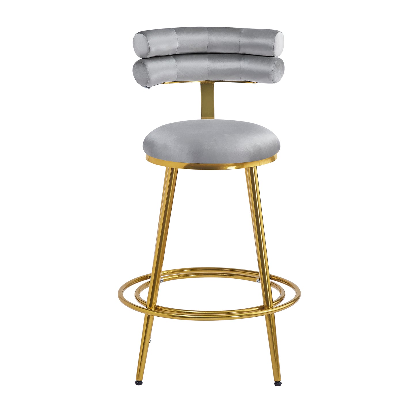 Luxurious silver velvet bar stool with polished gold metal legs and a comfortable tufted seat