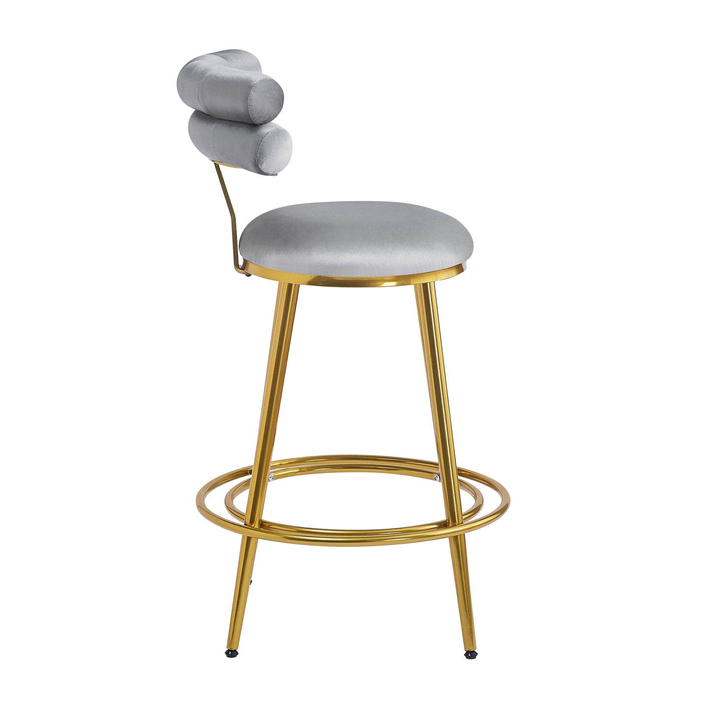 Gray velvet bar stool with gold metal legs and decorative backrest