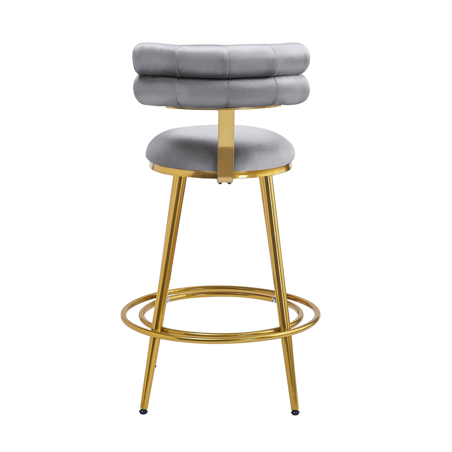 Plush grey velvet bar stool with a doubletufted seat and back supported by elegant gold metal legs and a circular footrest