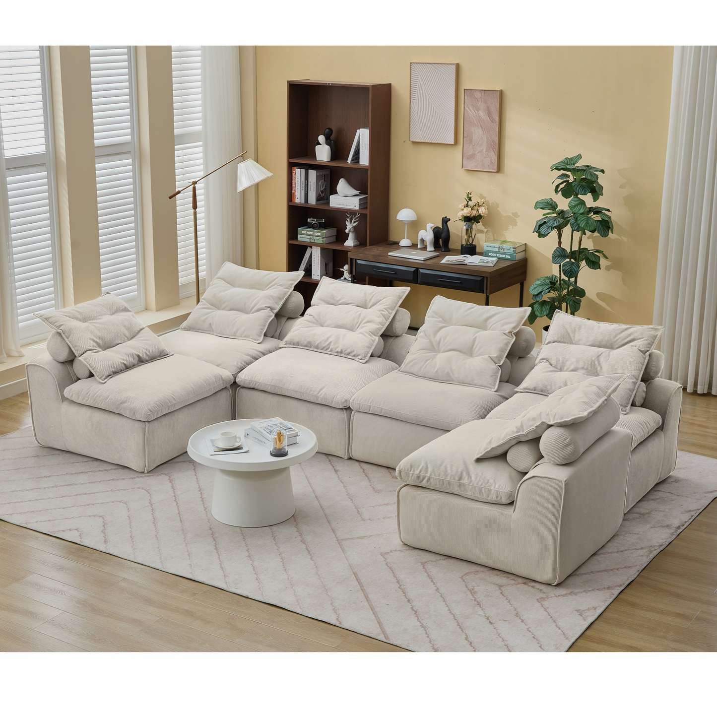 Plush cream corduroy sectional sofa with deep seats and movable cushions for ultimate comfort
