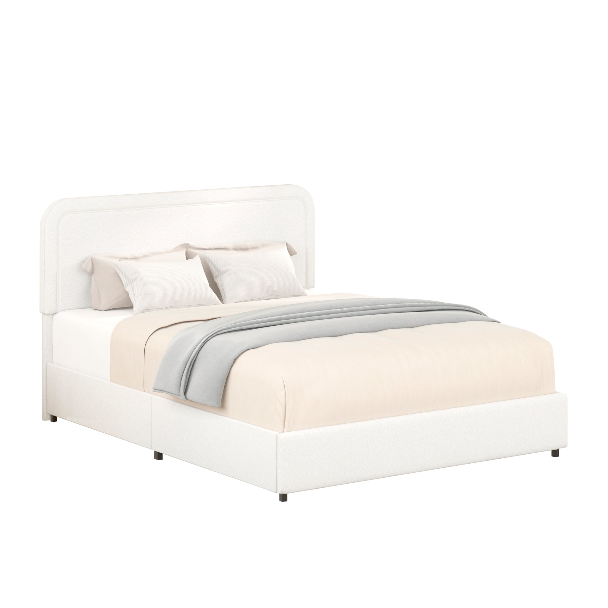 White upholstered platform bed frame with rounded headboard and gray throw