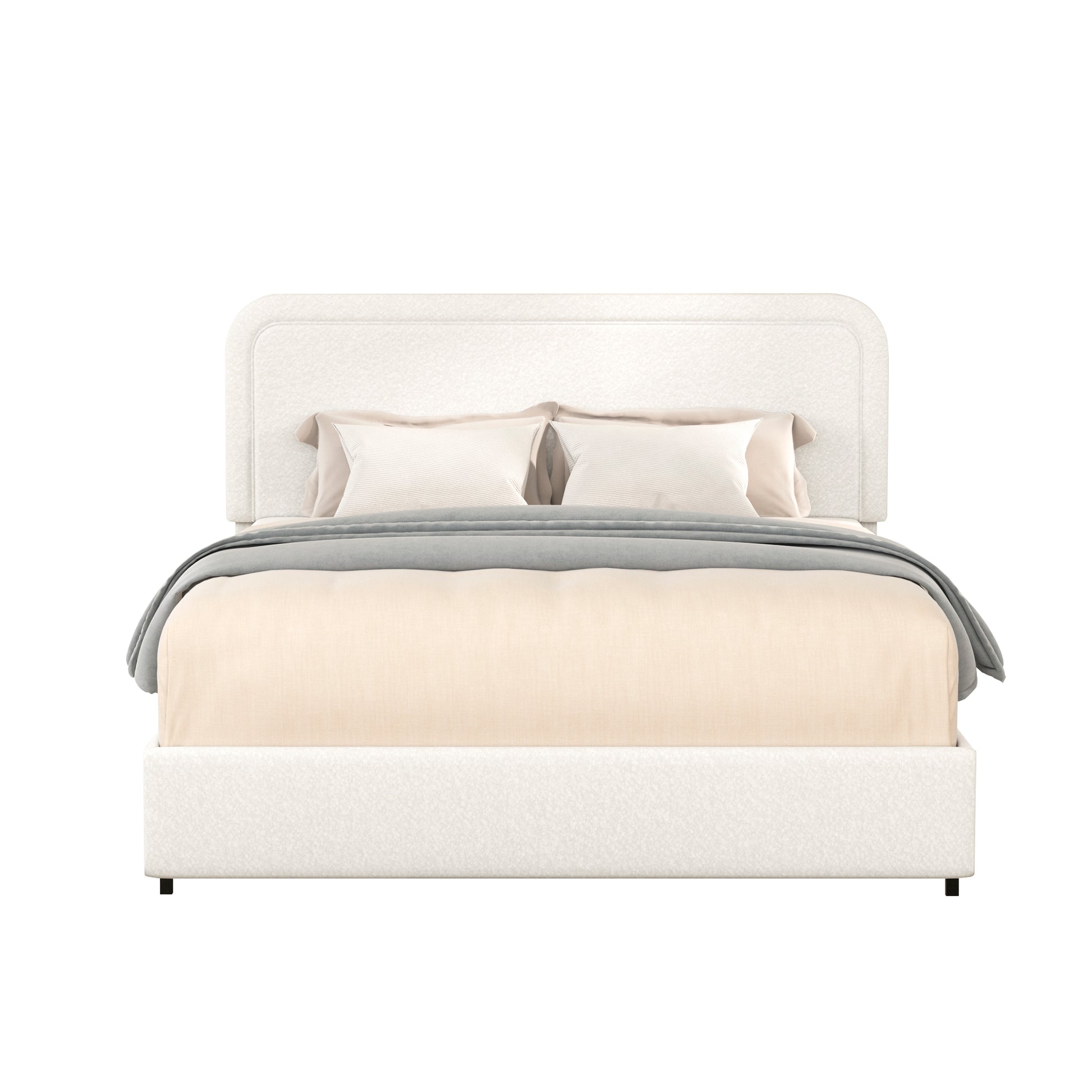 Modern white fabric bed frame with curved headboard and plush bedding