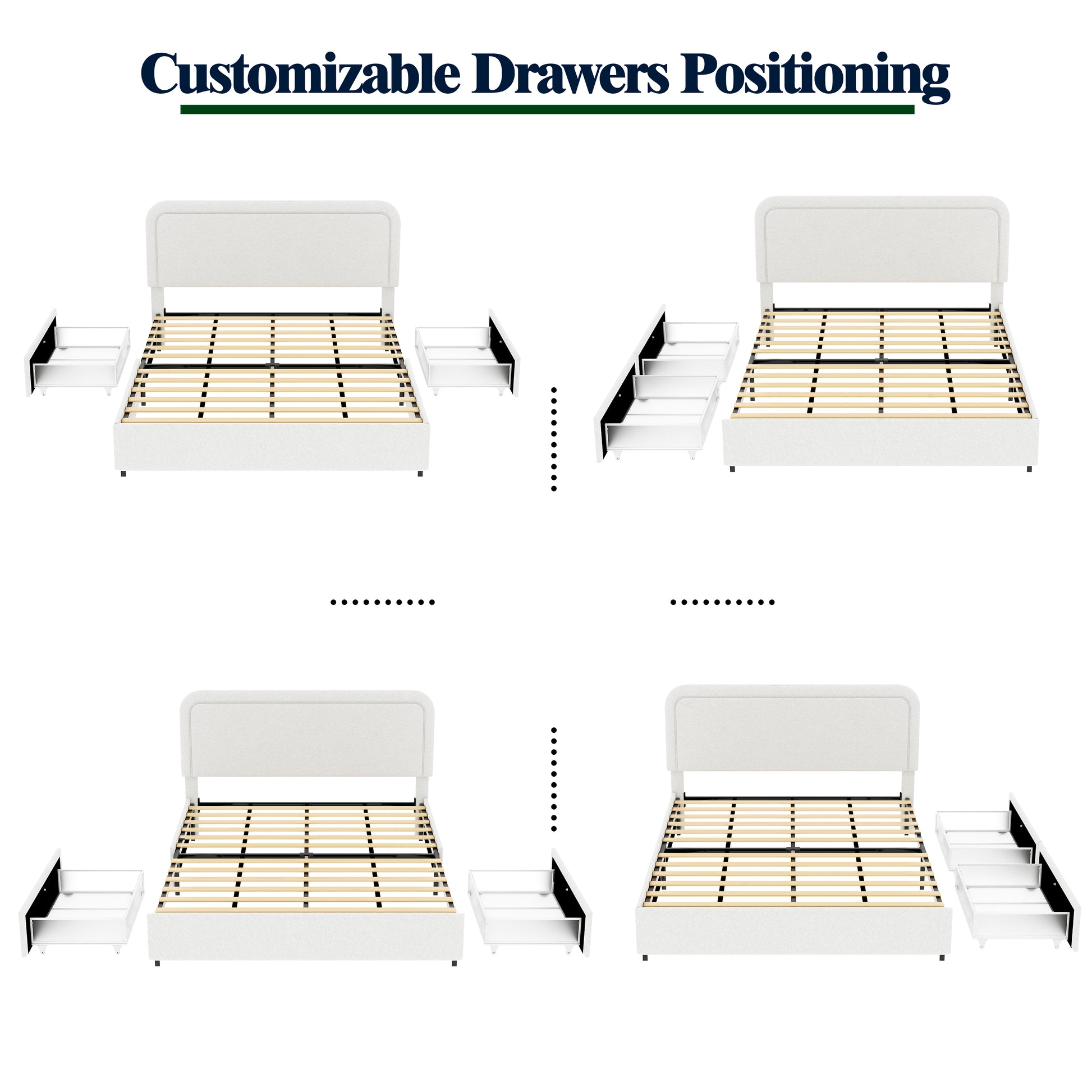 White fabric bed frame with customizable drawer placement options