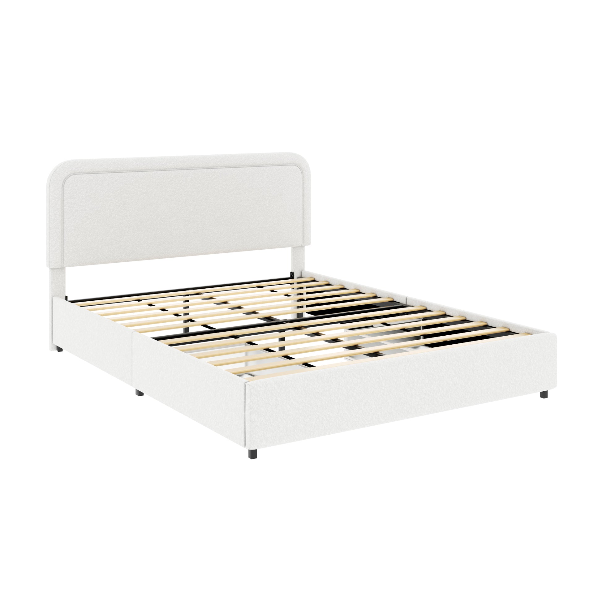 White fabric upholstered platform bed with storage drawers and a rounded headboard