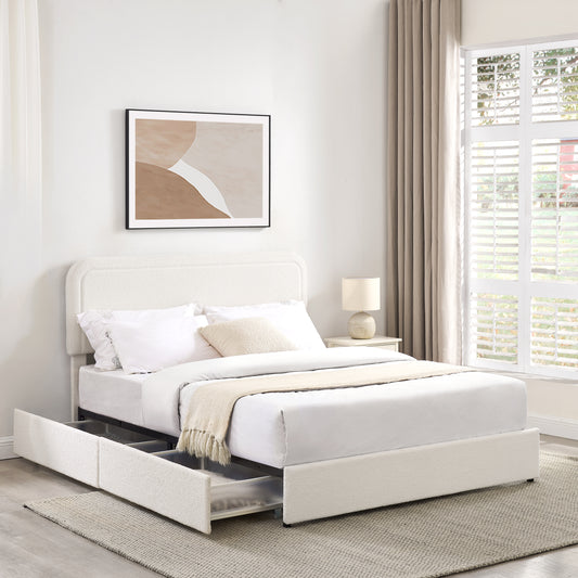 White sherpa upholstered bed frame with storage drawers