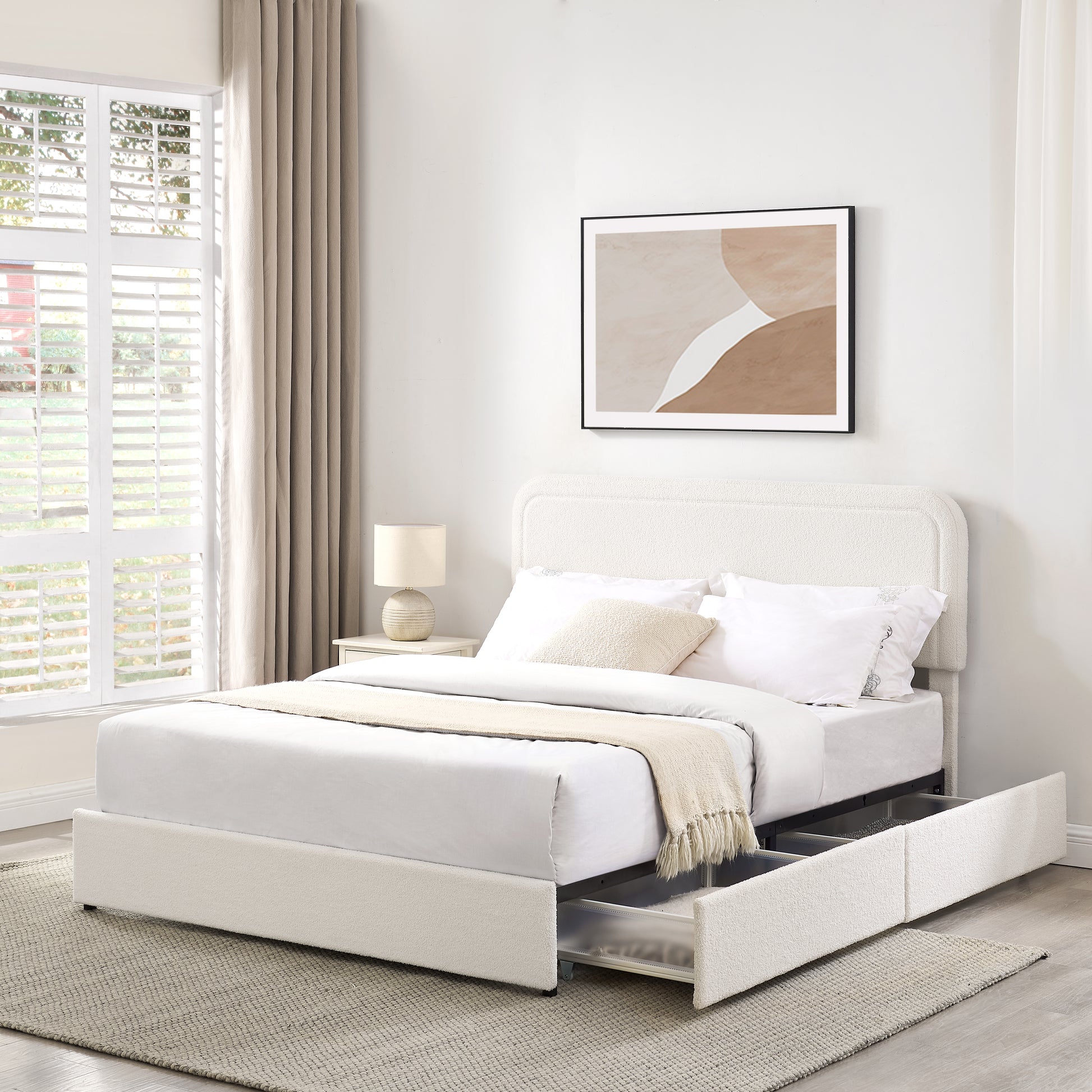 Cream boucle upholstered bed frame with integrated storage drawers