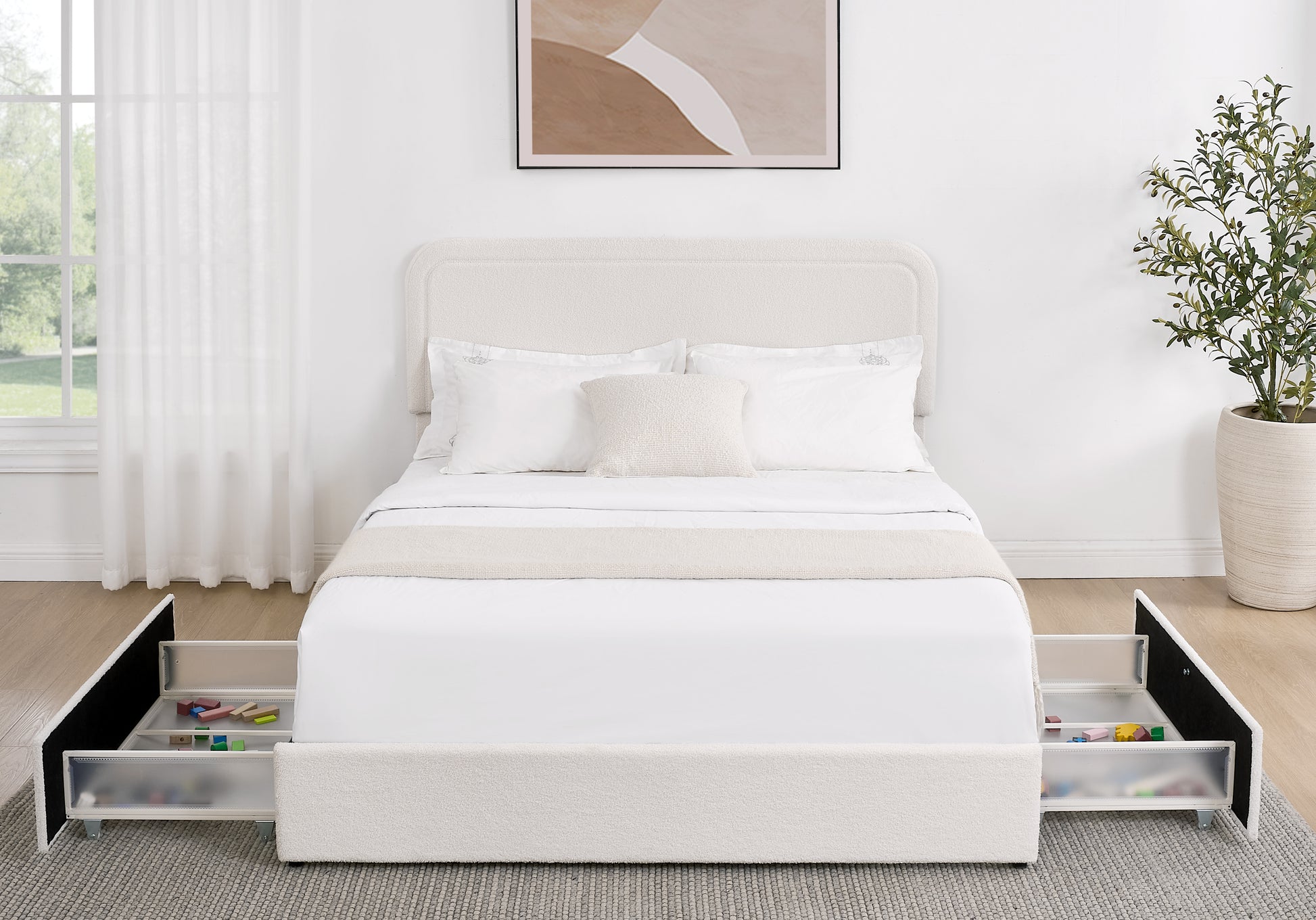 Cream boucle twin bed frame with storage drawers open