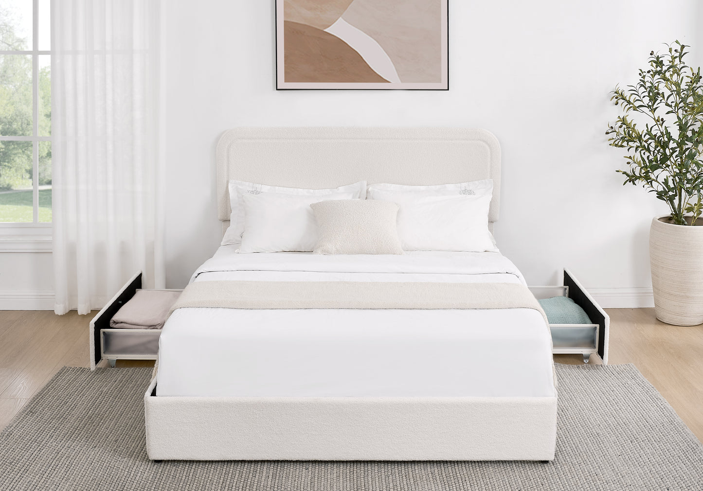 Cream boucl upholstered bed frame with integrated storage drawers
