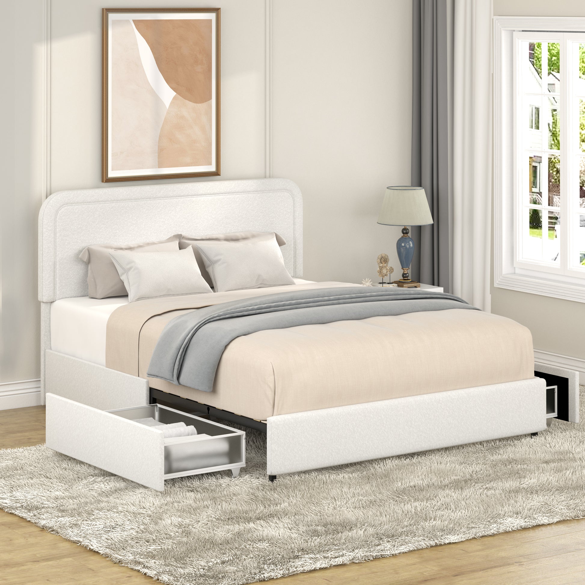 White upholstered queen bed frame with storage drawers