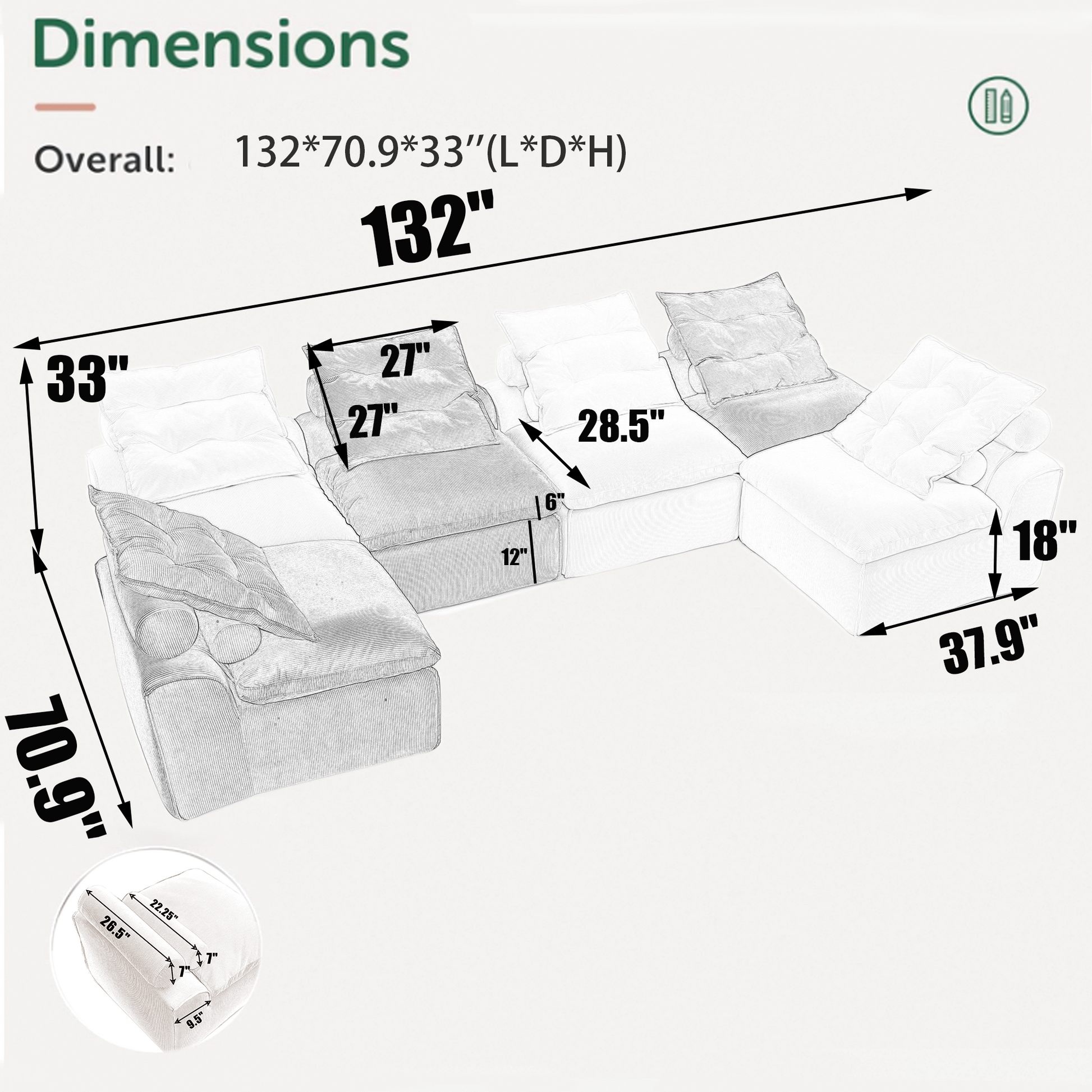 Diagram of a modular sofas overall dimensions  L x  D x  H