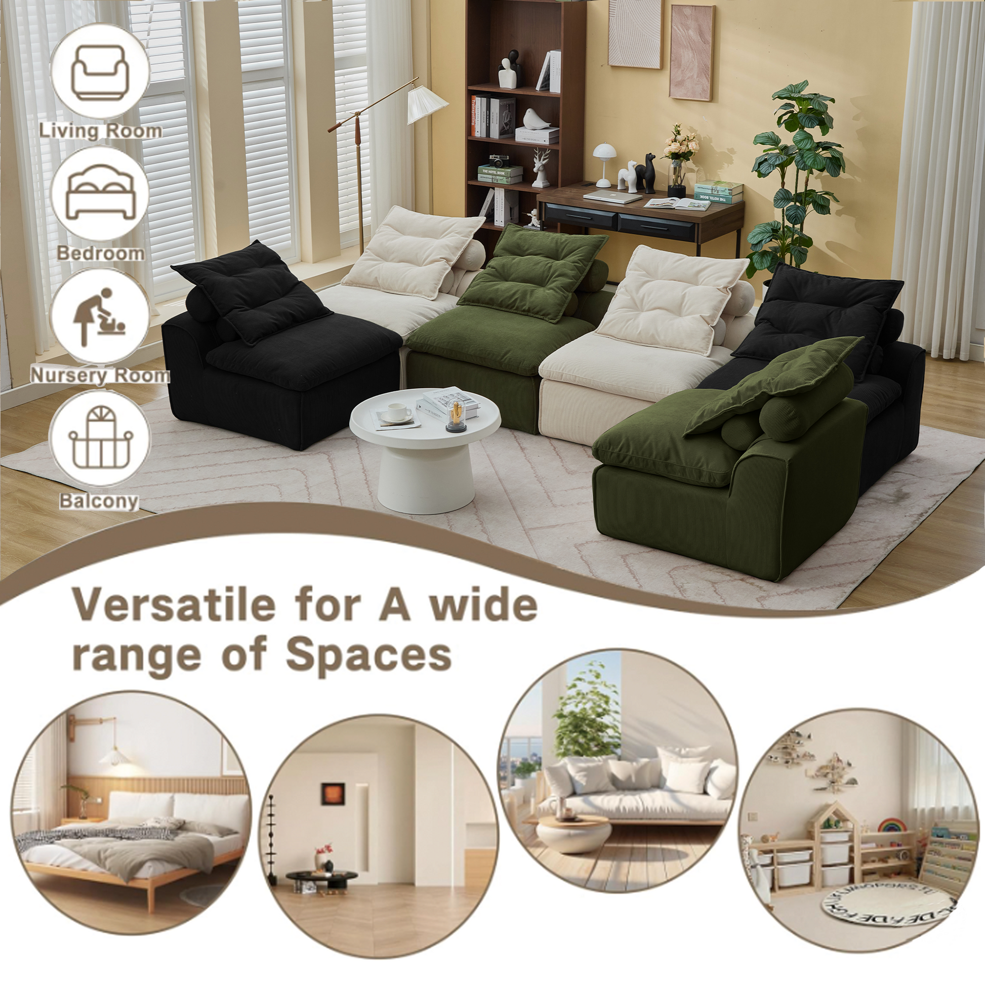 Black corduroy modular sofa section with plush cushions for a modern living room