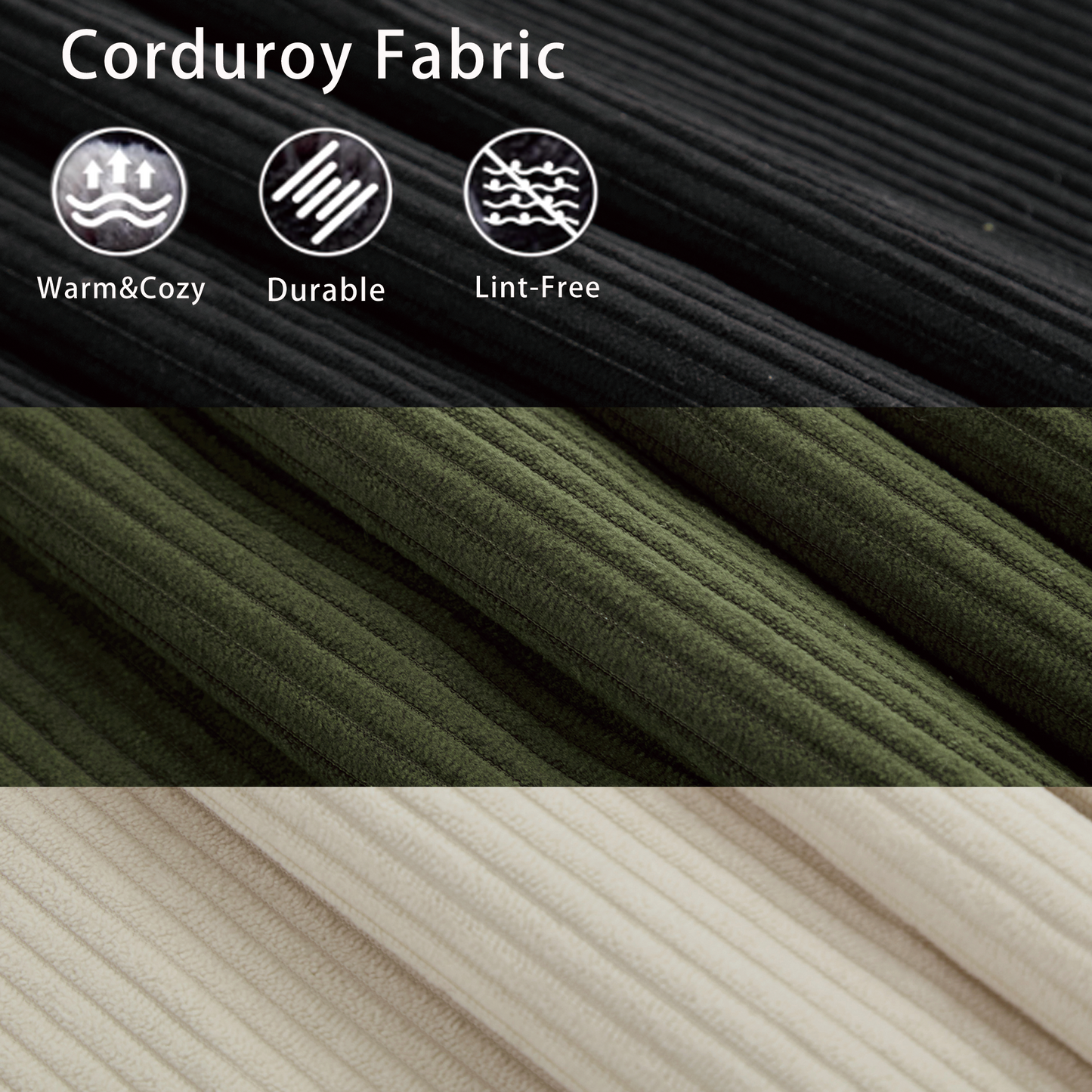 Black corduroy fabric closeup with warm  cozy durable and lintfree icons