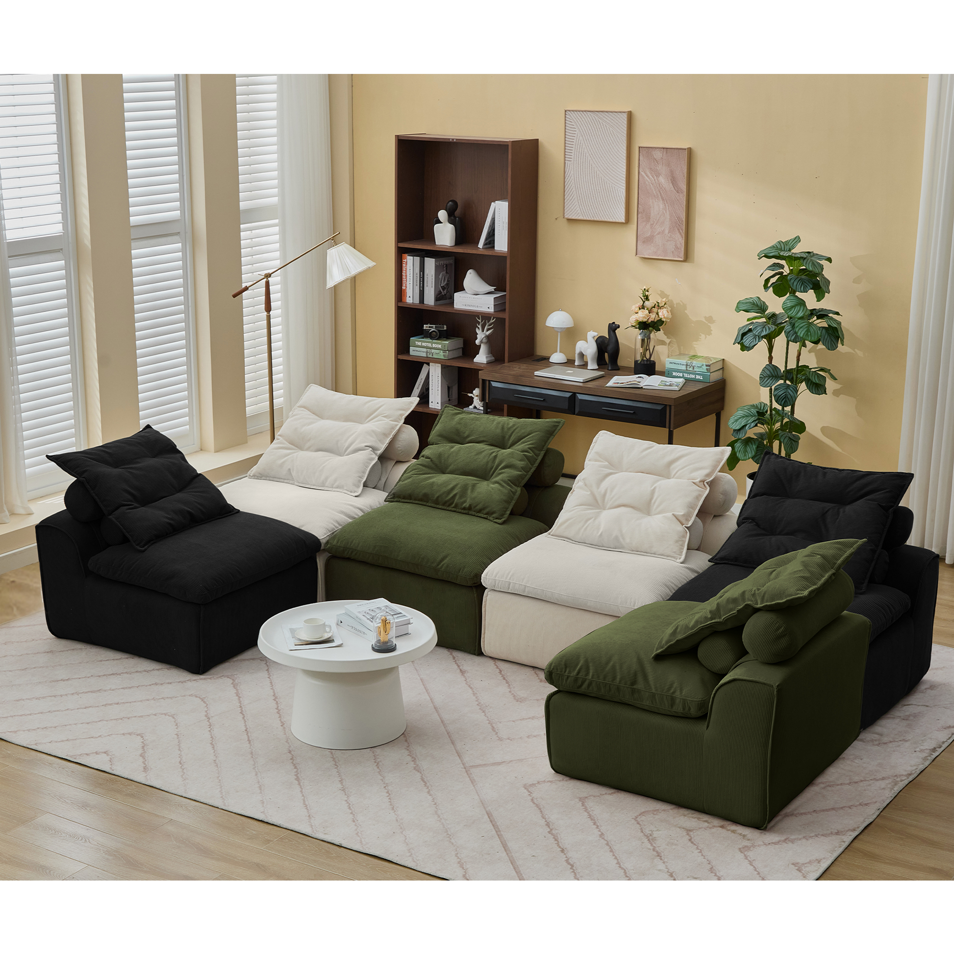 Corduroy sectional sofa in black featuring plush cushions and modular design for versatile living room seating