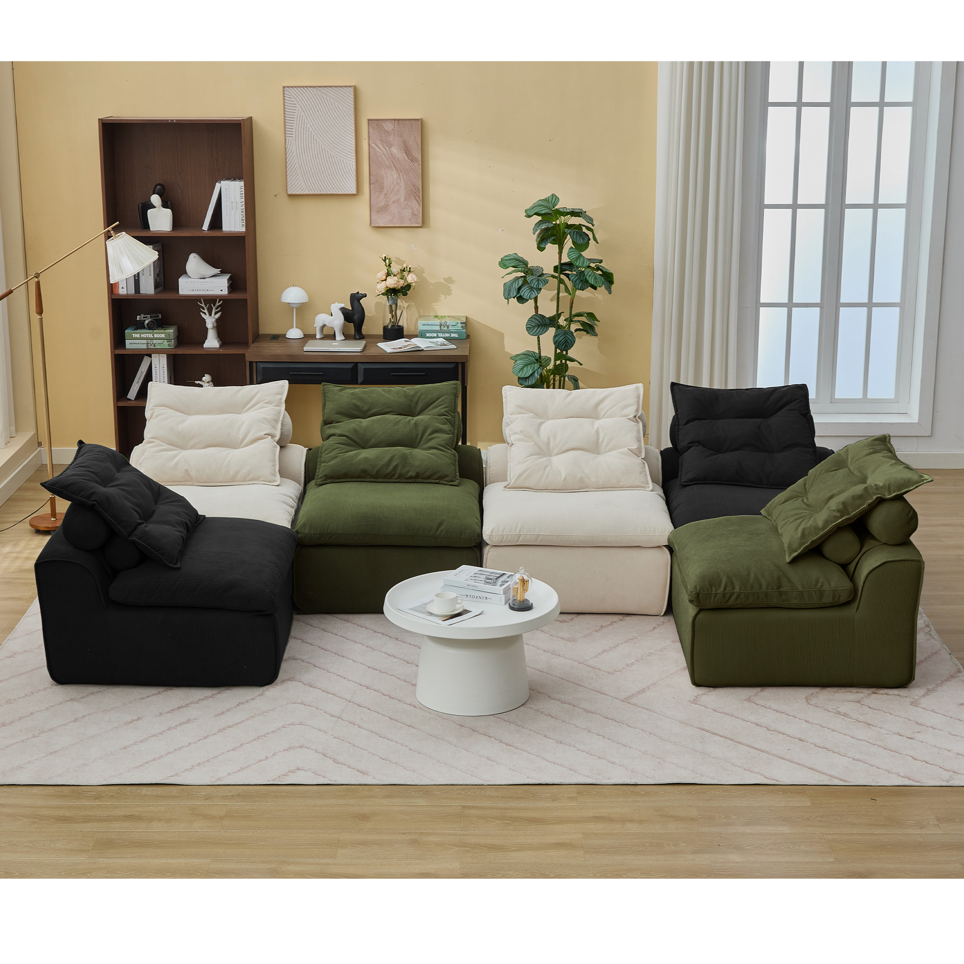 Black modular sectional sofa with plush corduroy fabric and deep seats