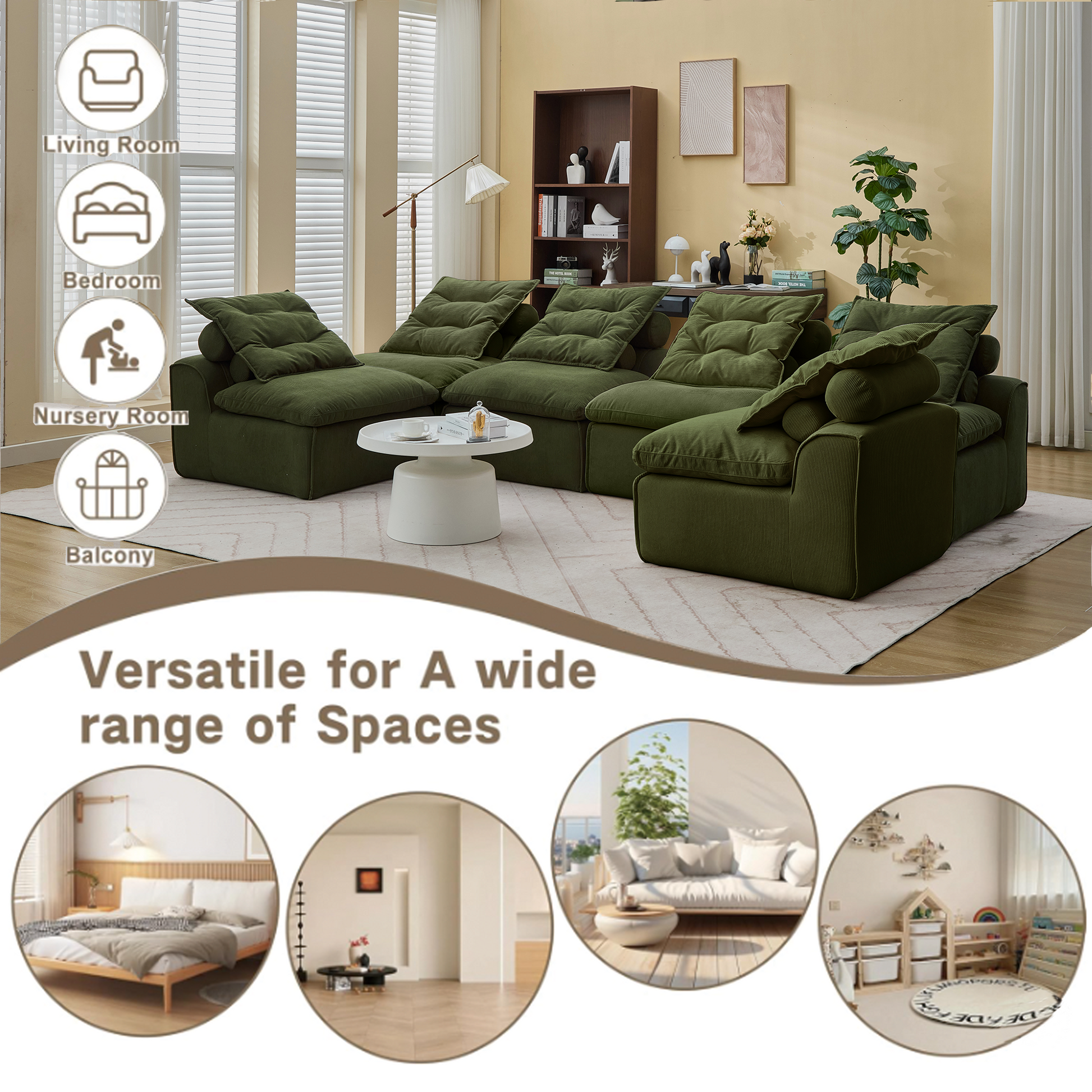Green corduroy sectional sofa with plush cushions perfect for living room comfort