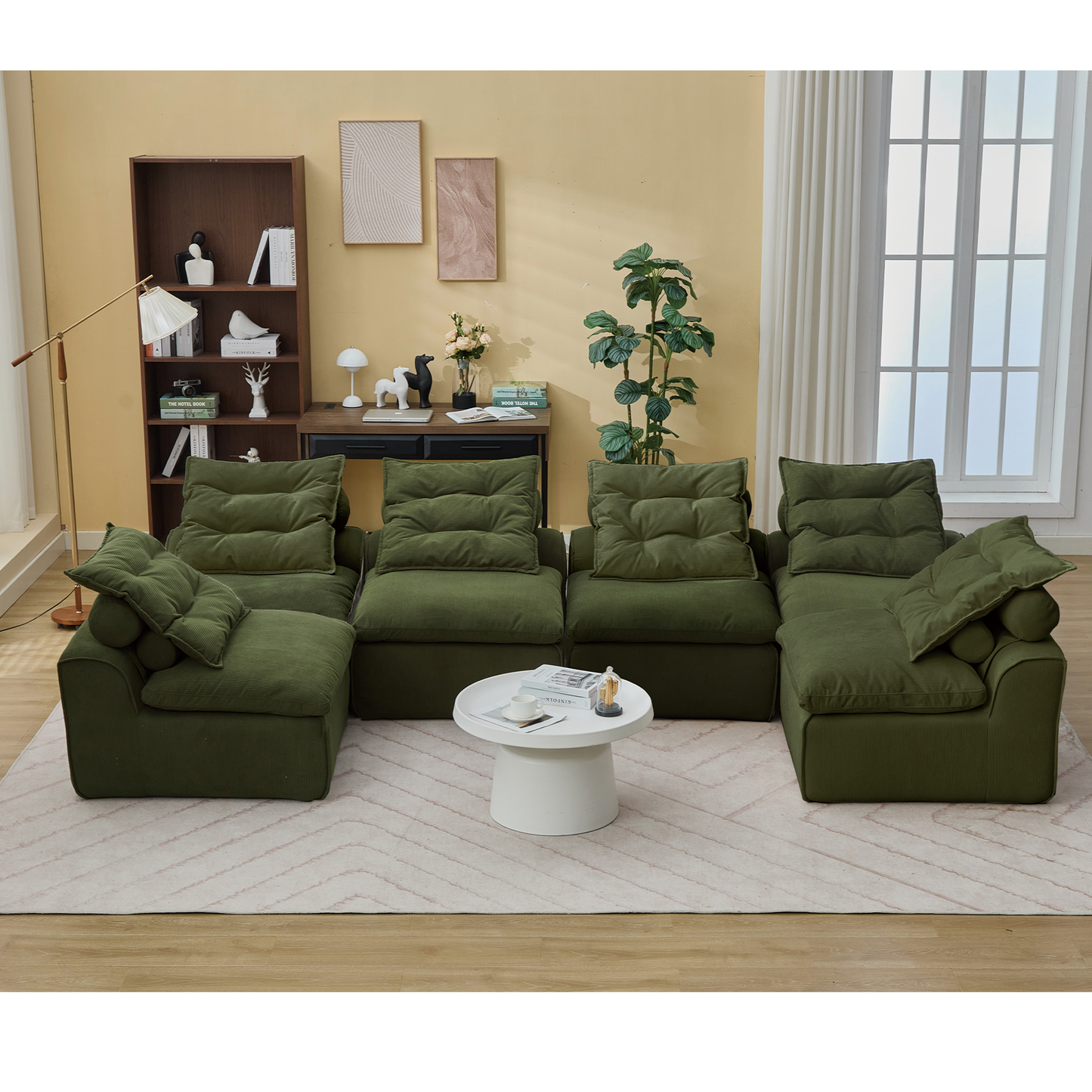 Deep green corduroy sectional sofa with plush cushions perfect for cozy living rooms