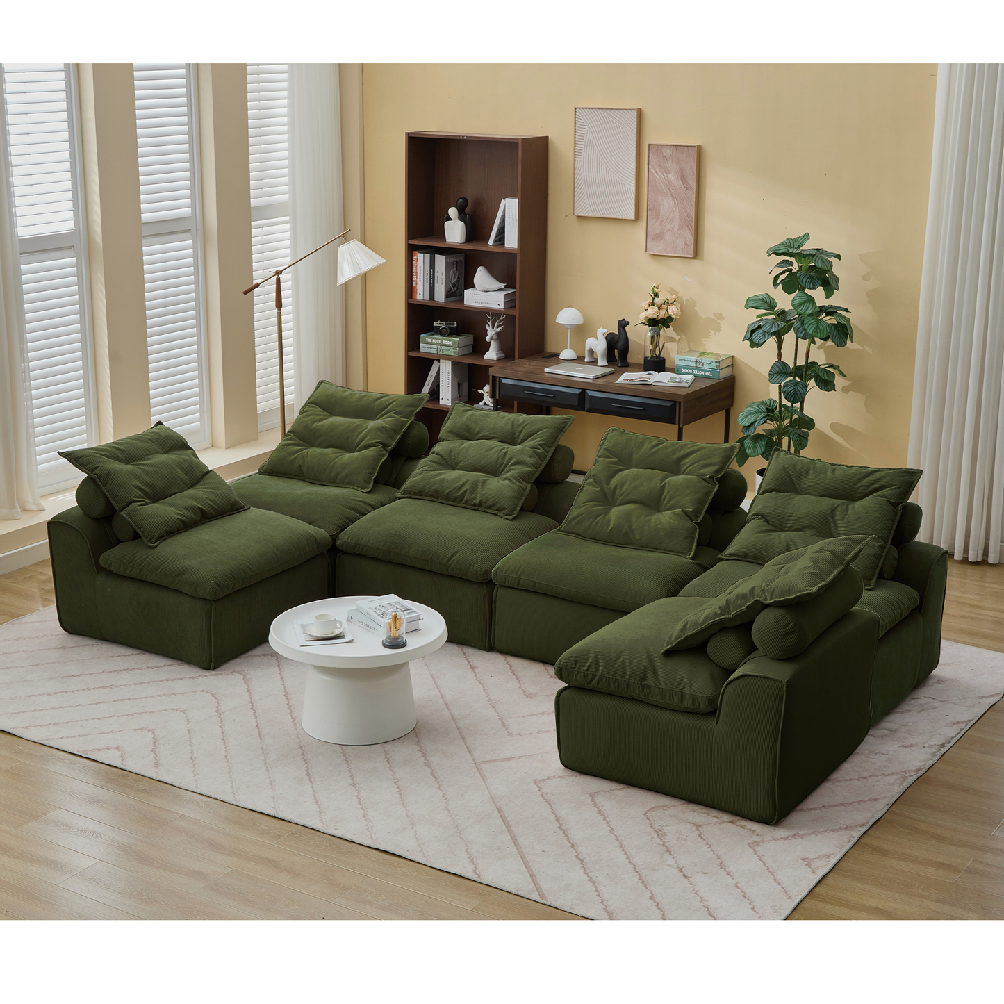 Plush green sectional sofa with deep seats and cozy corduroy fabric perfect for modern living rooms