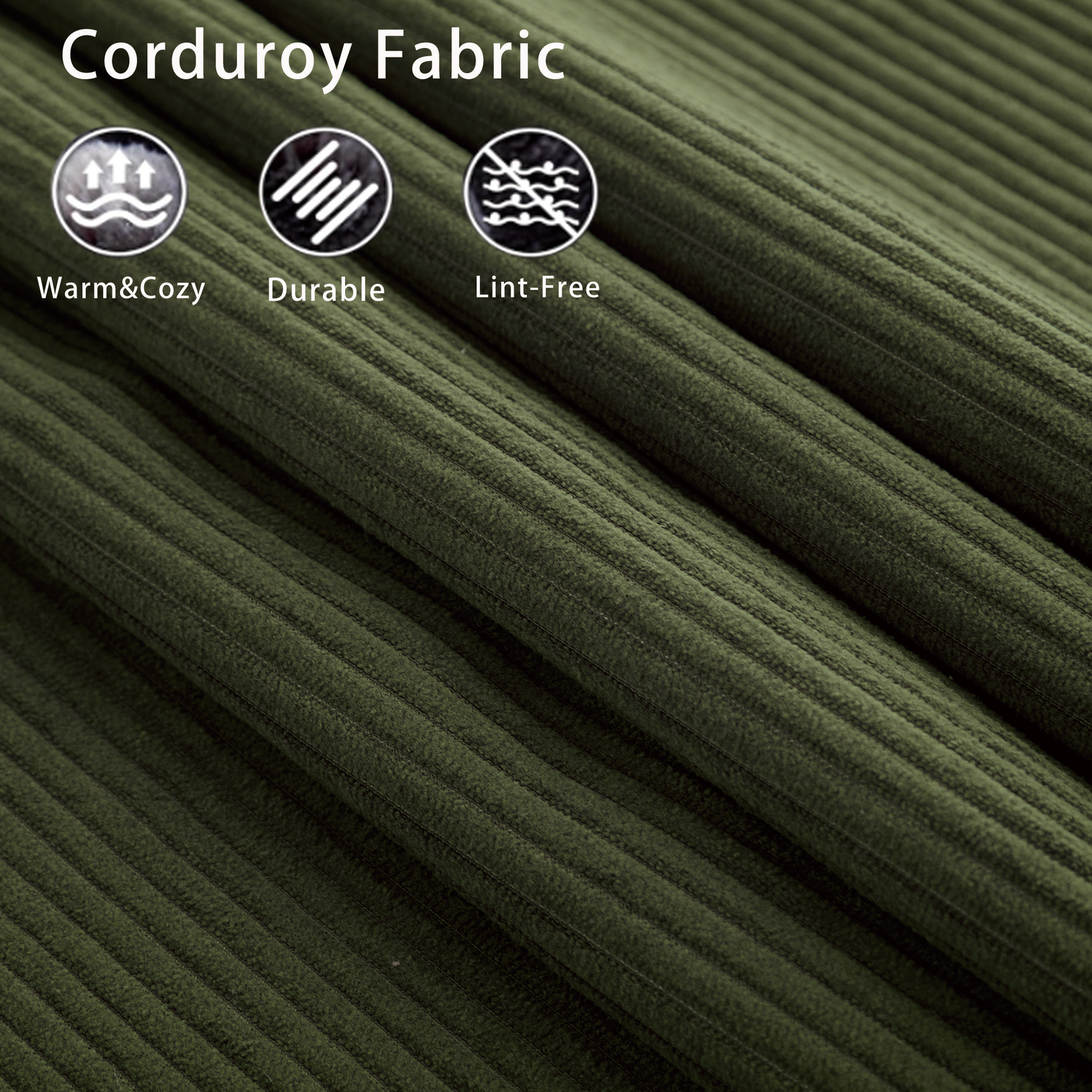 Closeup of forest green corduroy fabric with distinct raised wales for a rich texture