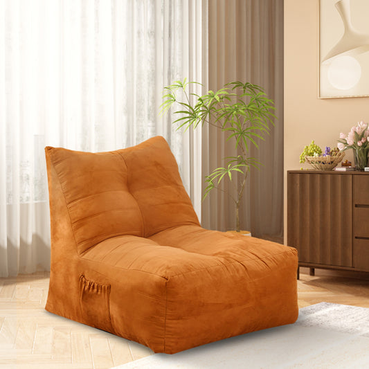 Orange velvet bean bag chair with side pocket for living room comfort