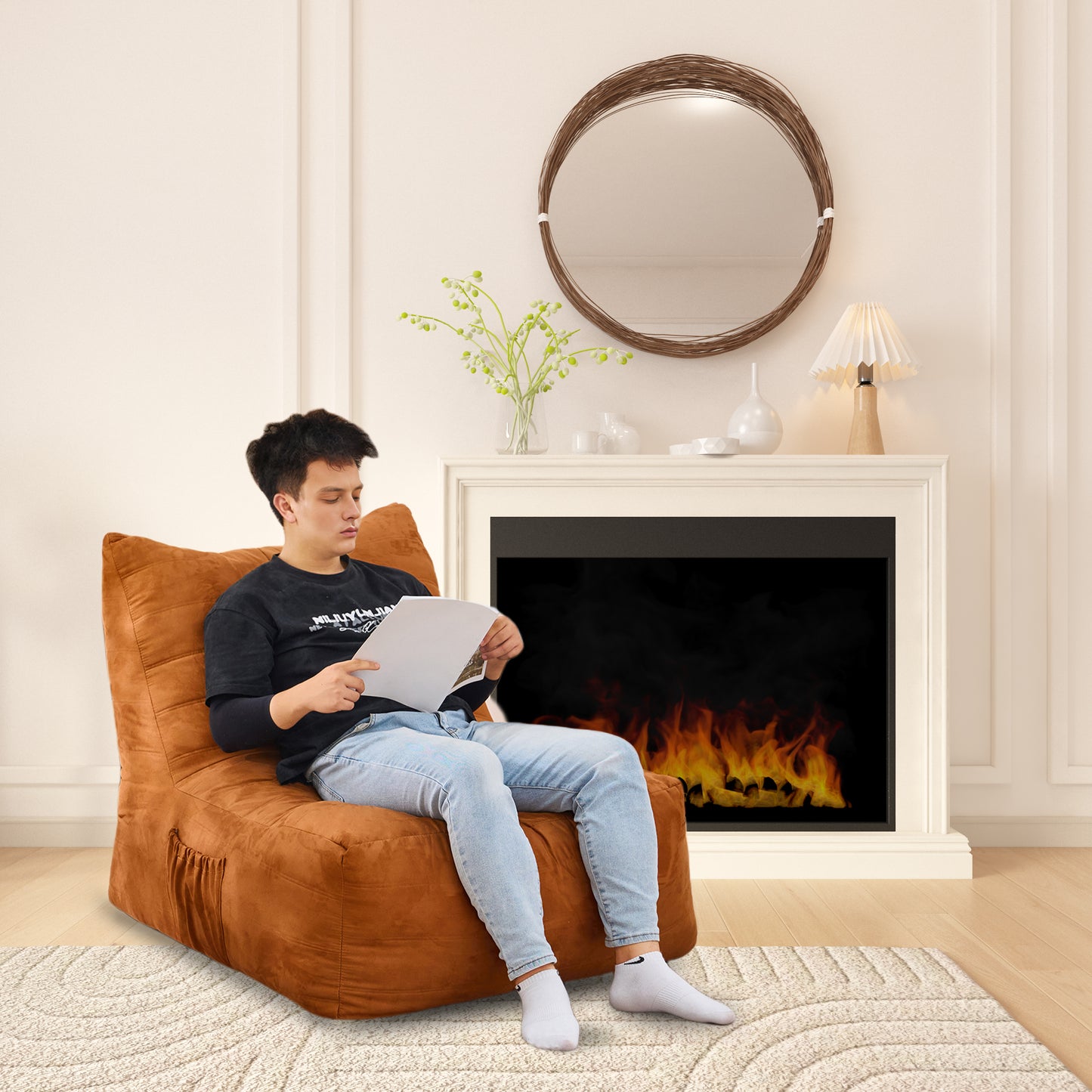 Comfortable brown bean bag chair with side pocket ideal for relaxing by the fireplace
