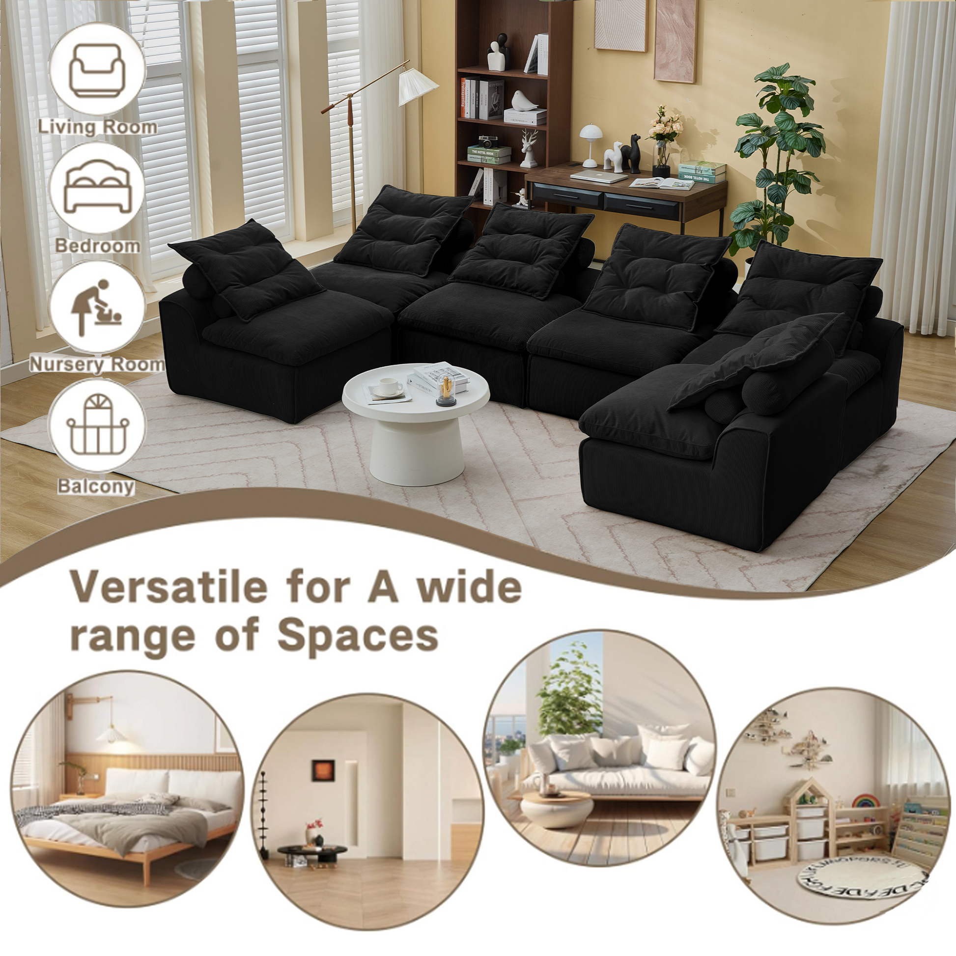 Deep black corduroy sectional sofa with plush cushions in a modern living room