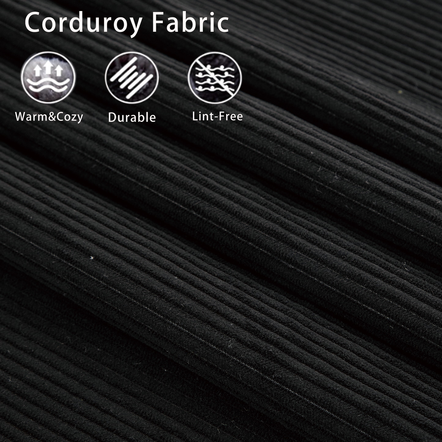 Closeup of black corduroy fabric texture with warm and cozy feel