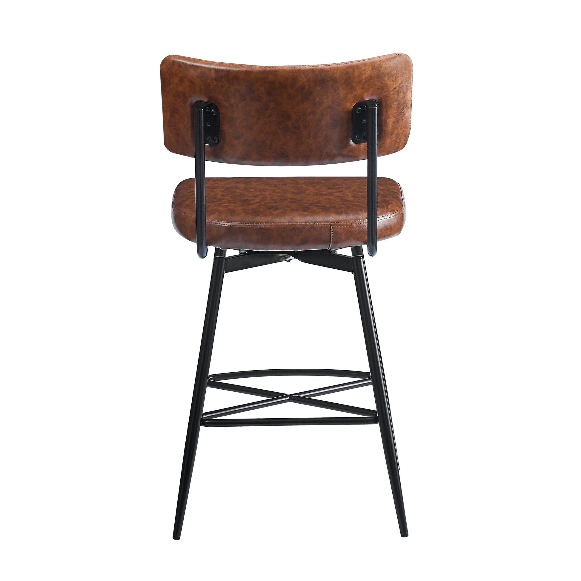 Back view of a brown distressed faux leather bar stool with black metal legs and a footrest