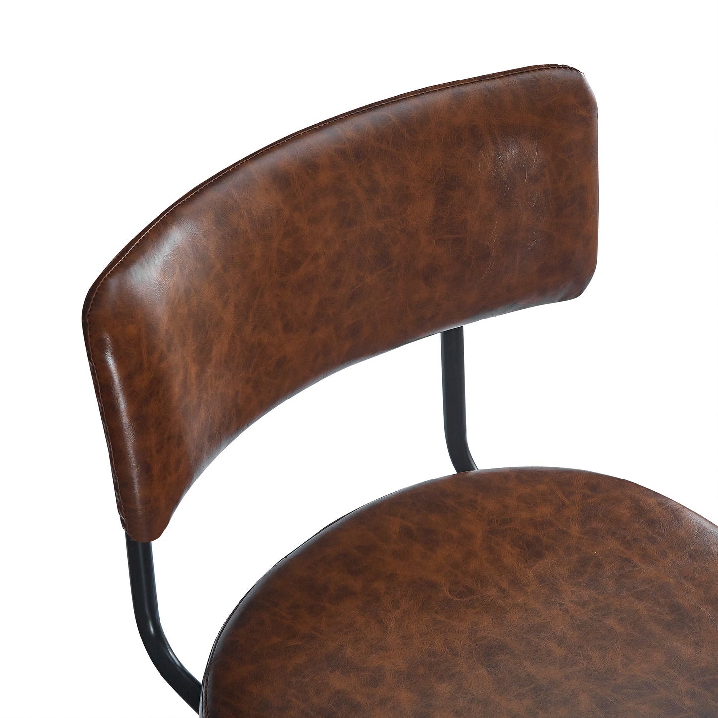 Closeup of brown faux leather bar stool seat with black metal frame
