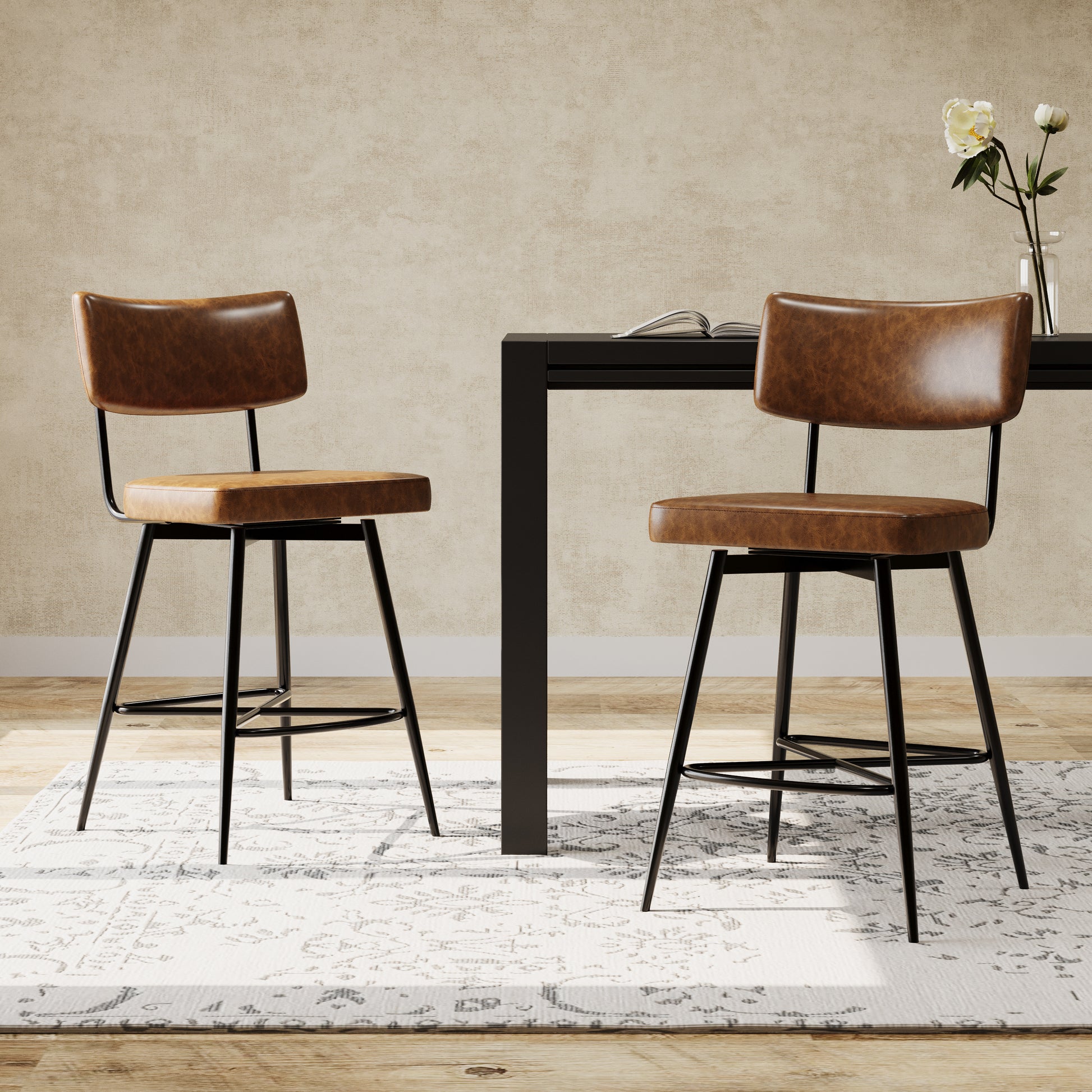 Brown faux leather bar stool with black metal legs and a curved back for modern kitchen seating