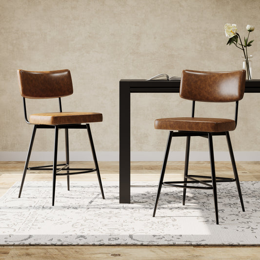 Brown faux leather bar stool with black metal legs and a curved back for modern kitchen seating