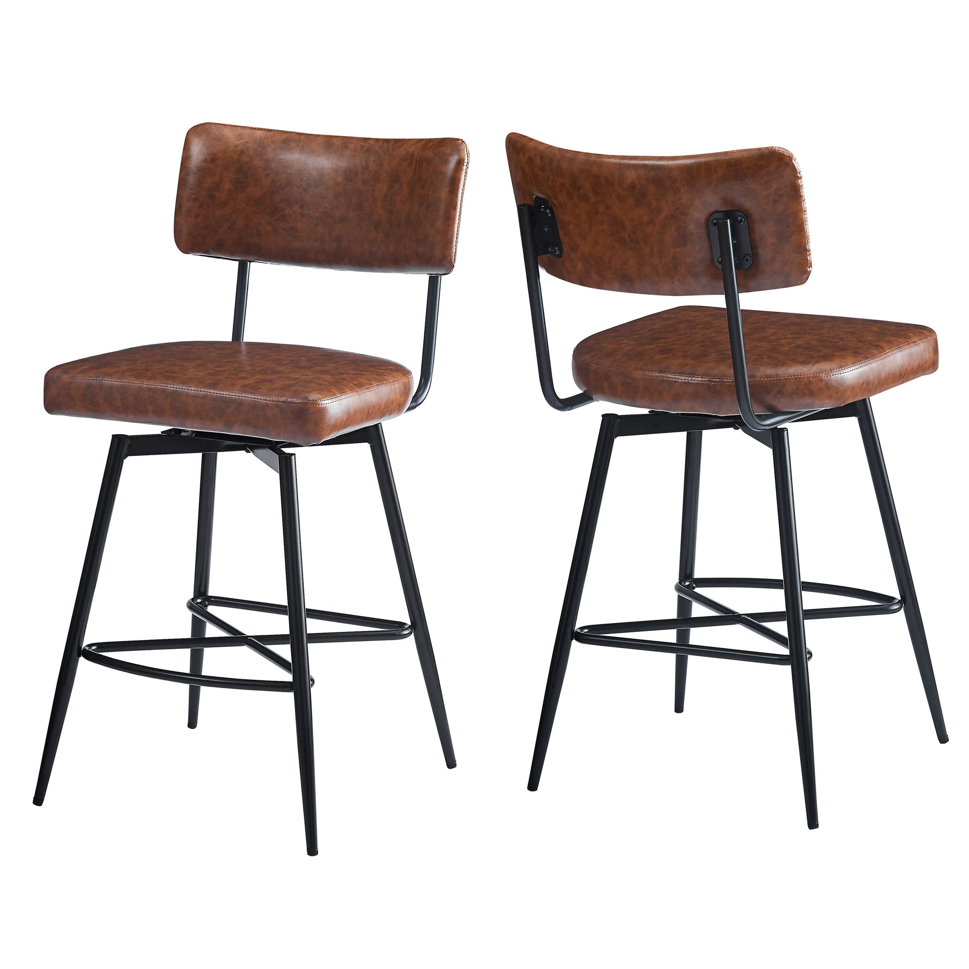 Brown distressed faux leather swivel bar stool with black metal frame and footrest