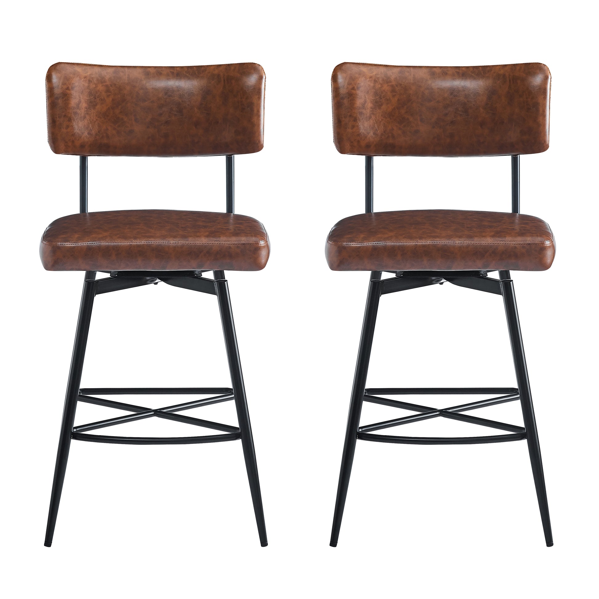 Two distressed brown faux leather bar stools with black metal frames