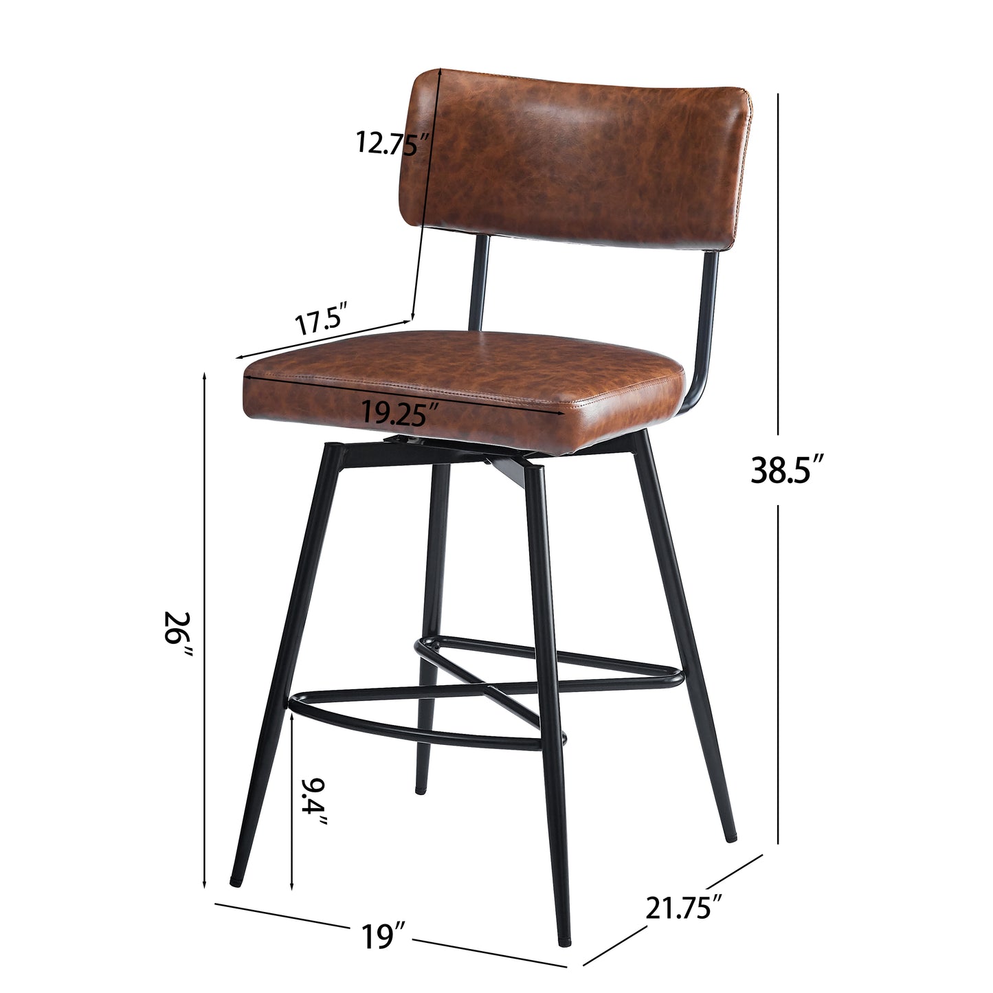 Brown distressed faux leather bar stool with black metal legs and footrest