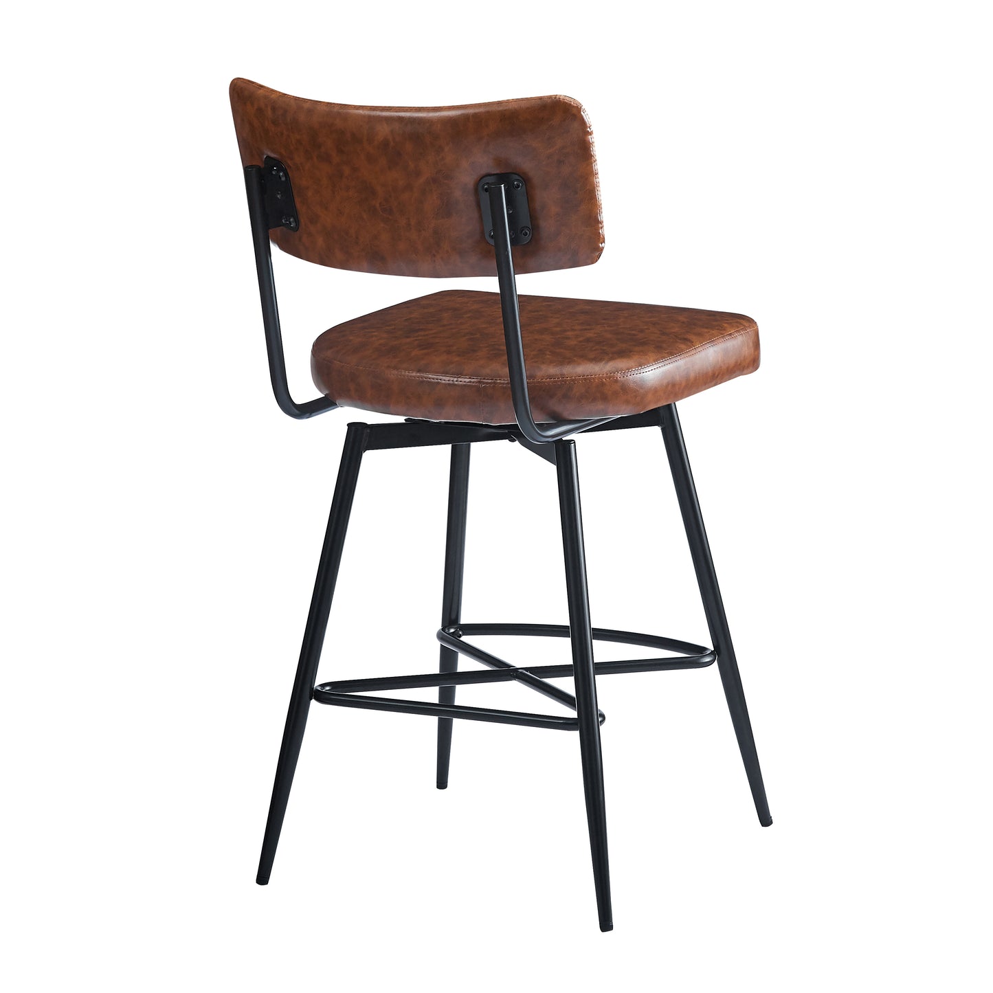 Brown distressed faux leather bar stool with black metal frame and footrest