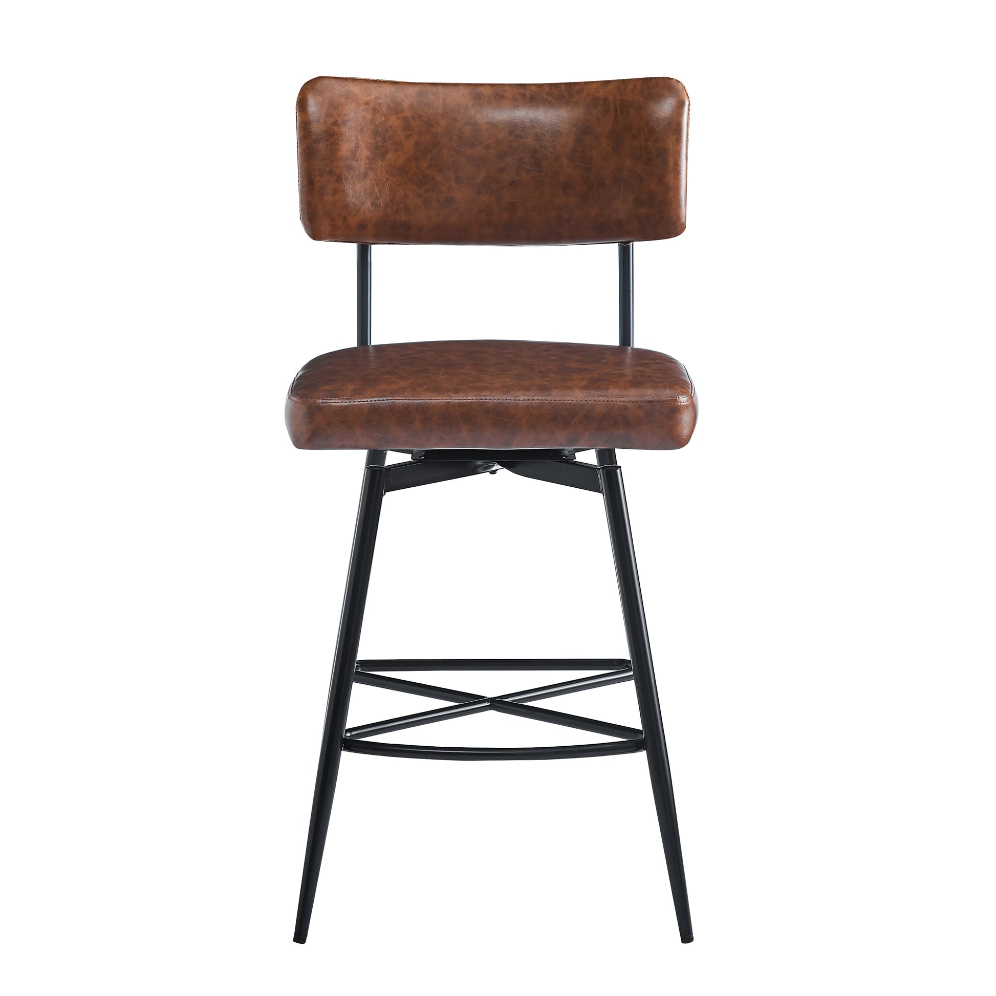 Brown faux leather bar stool with black metal legs and a swivel base