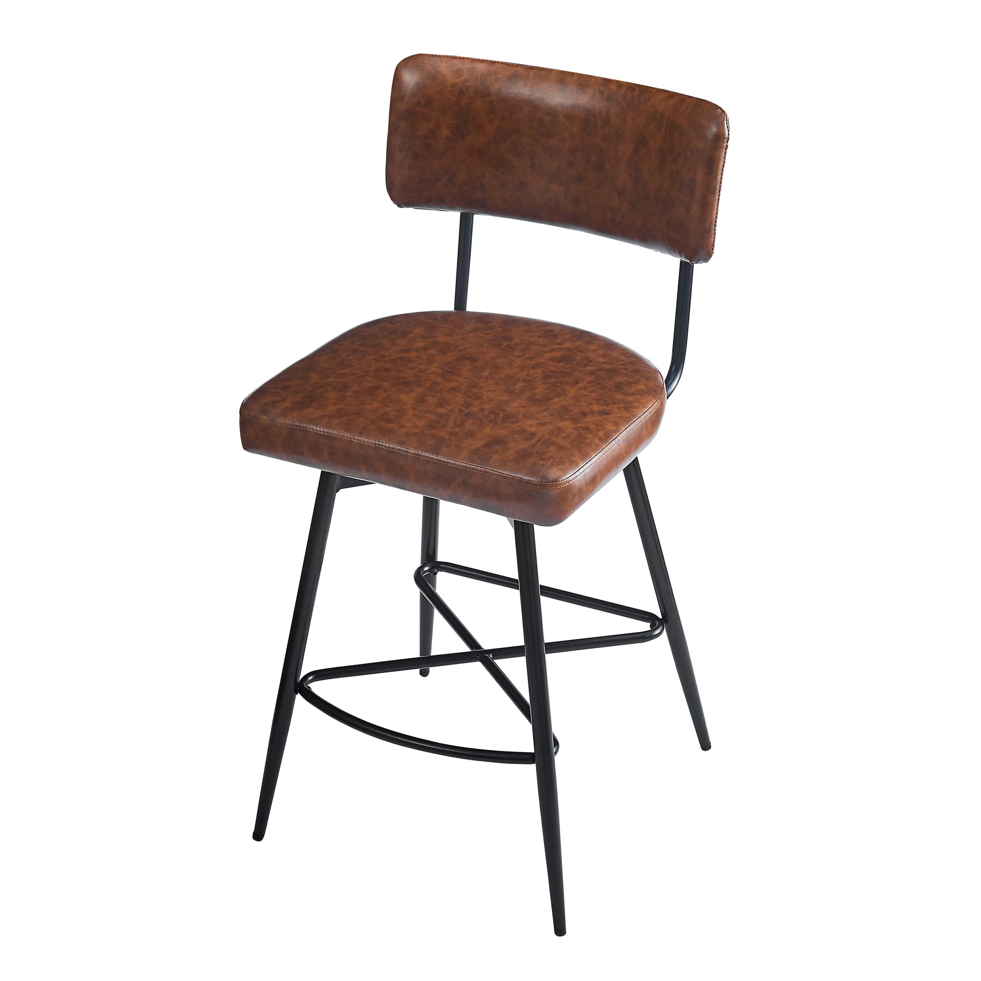 Brown faux leather counter stool with black metal frame and footrest