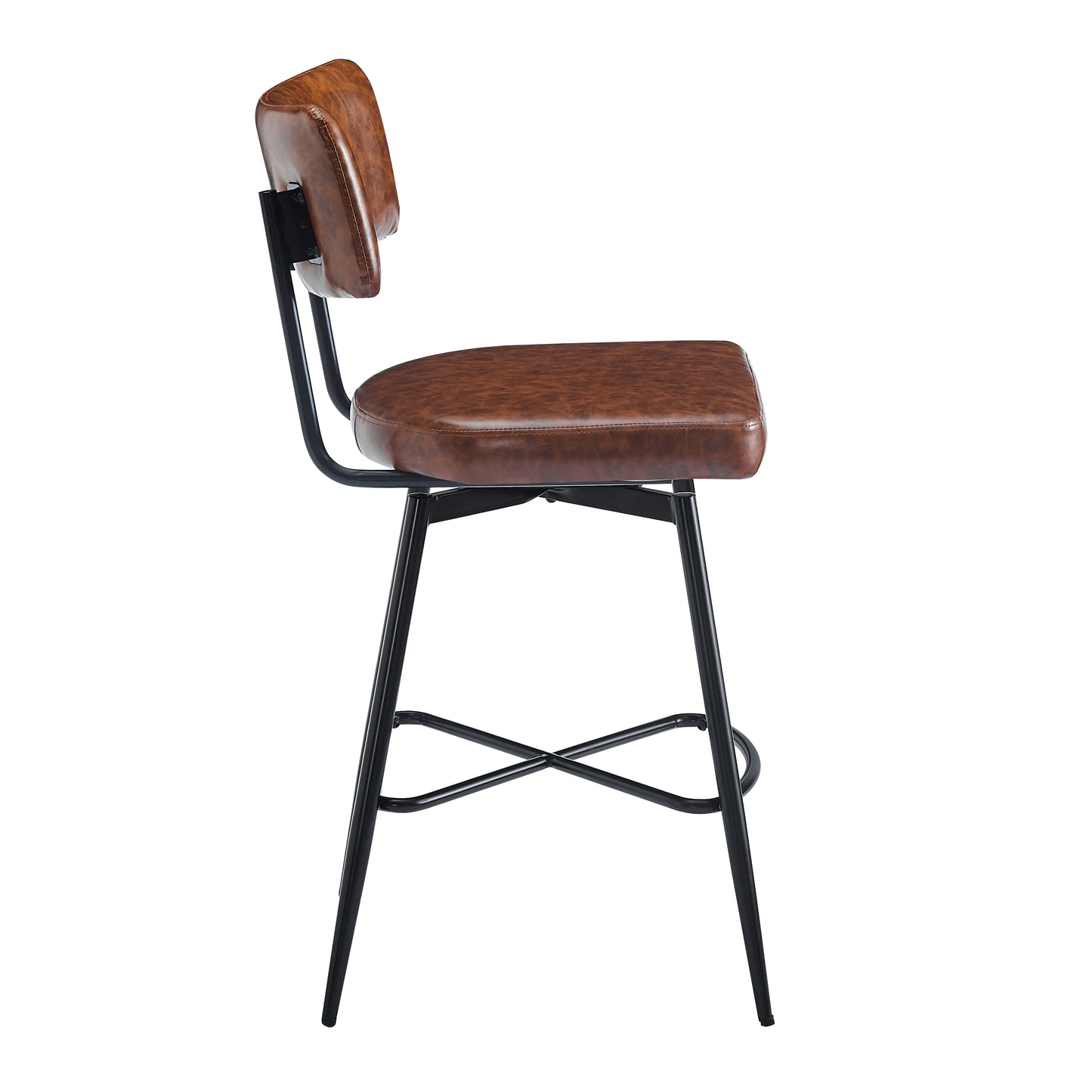 Brown faux leather bar stool with black metal frame and footrest