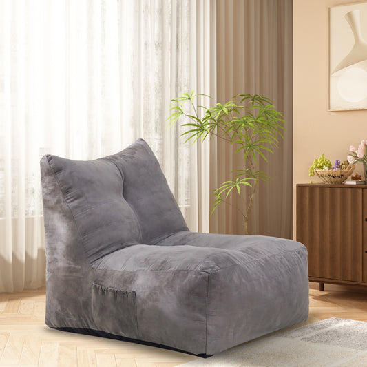 Plush grey bean bag chair with side pocket perfect for comfortable lounging