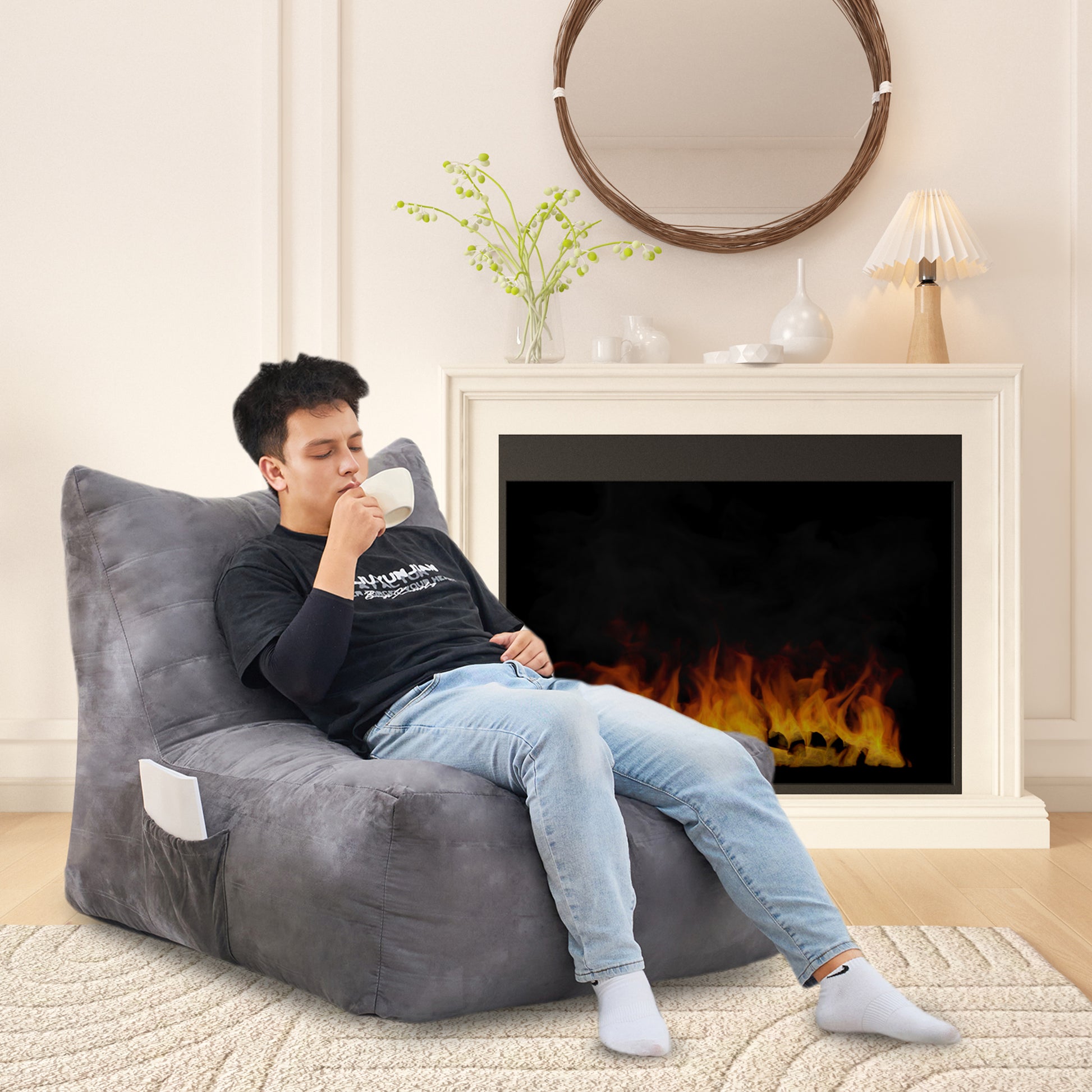 Plush grey bean bag chair with side pocket perfect for cozy relaxation