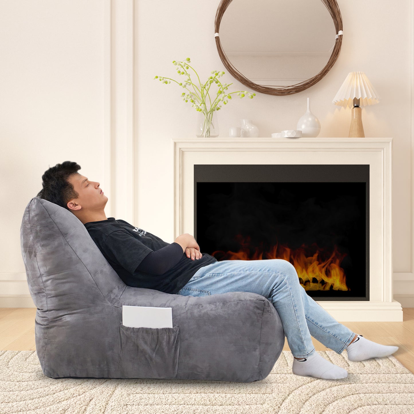 Gray velvet bean bag chair with side pocket perfect for cozy lounging