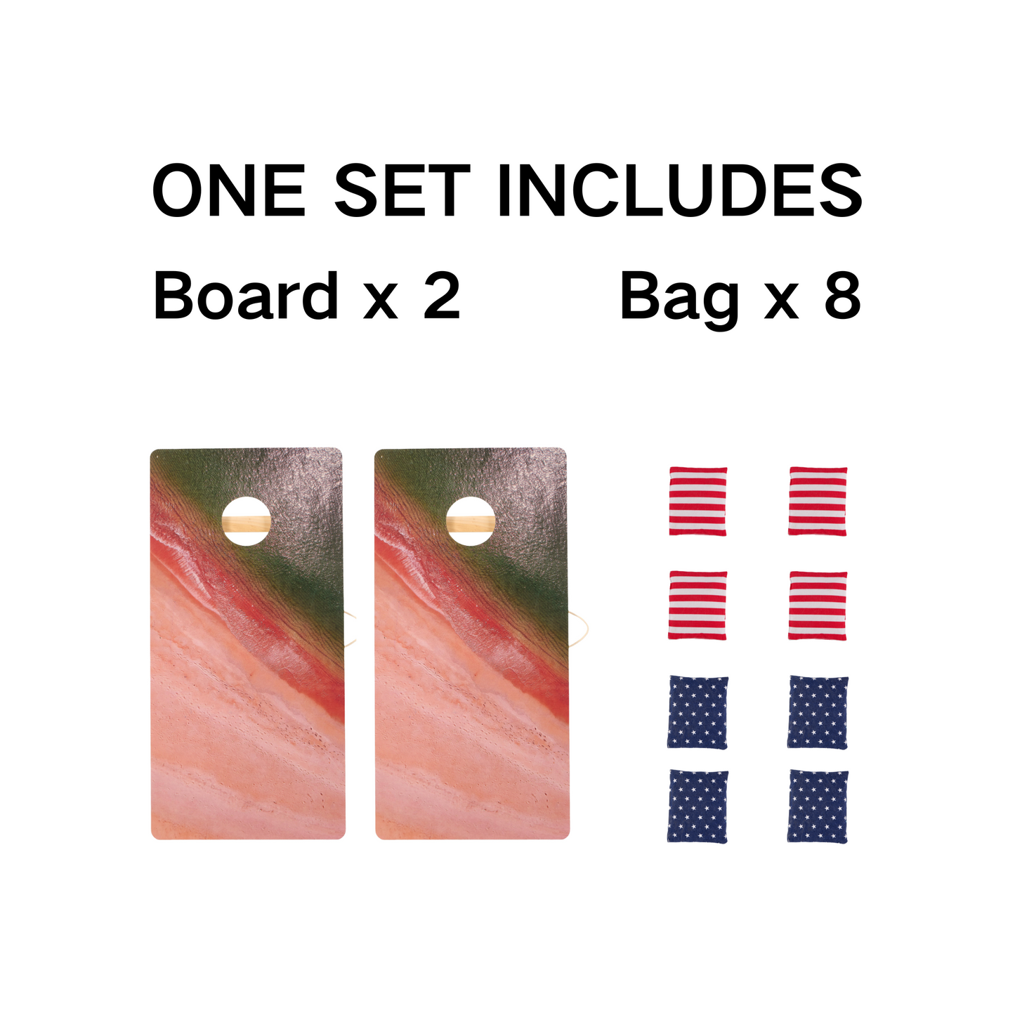 Two cornhole boards with a sunset beach design and a set of eight cornhole bags four redstriped and four bluestar patterned