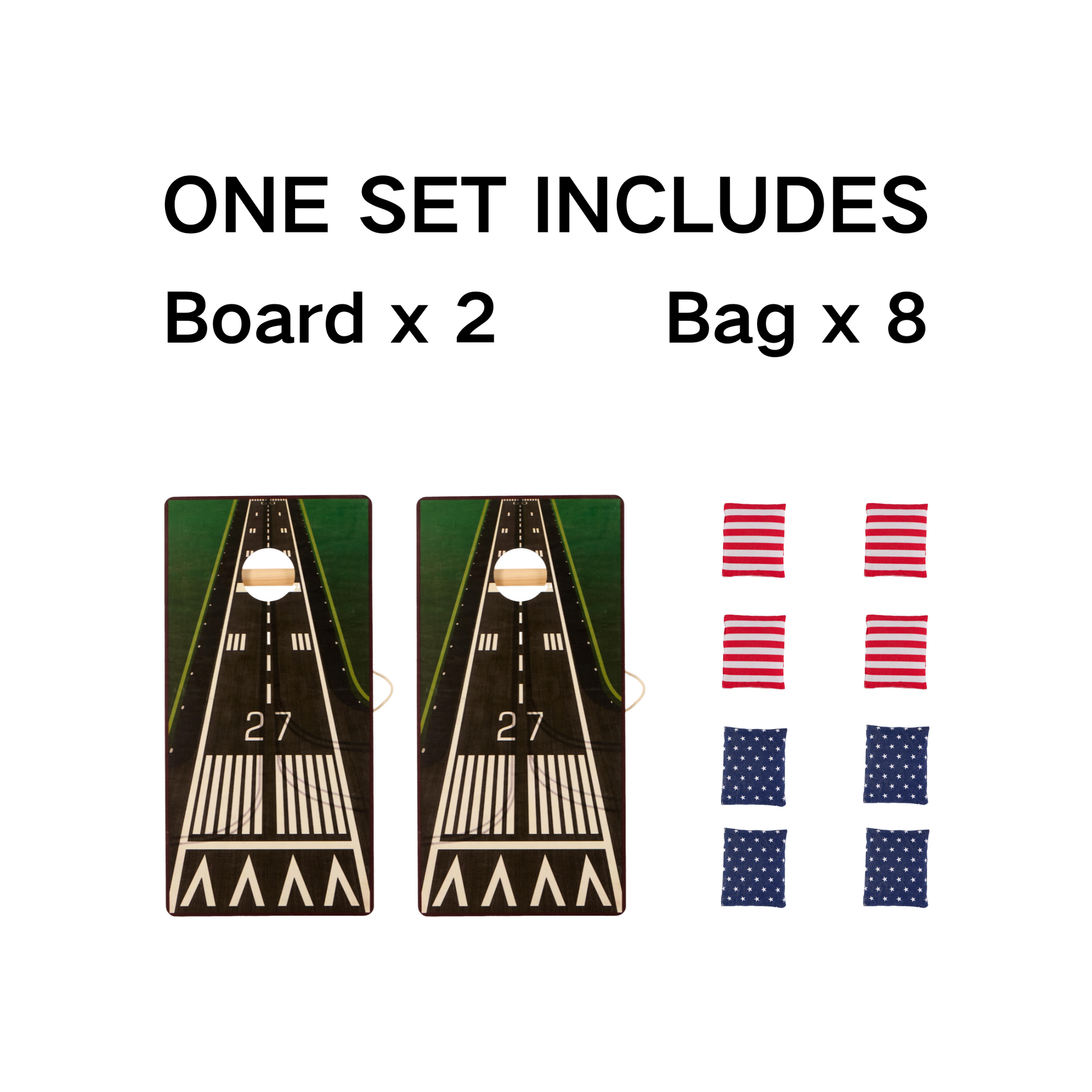Two cornhole boards featuring an airport runway design included in a cornhole set