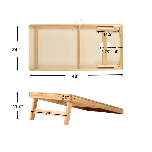 Wooden cornhole board with dimensions labeled  x  for outdoor games