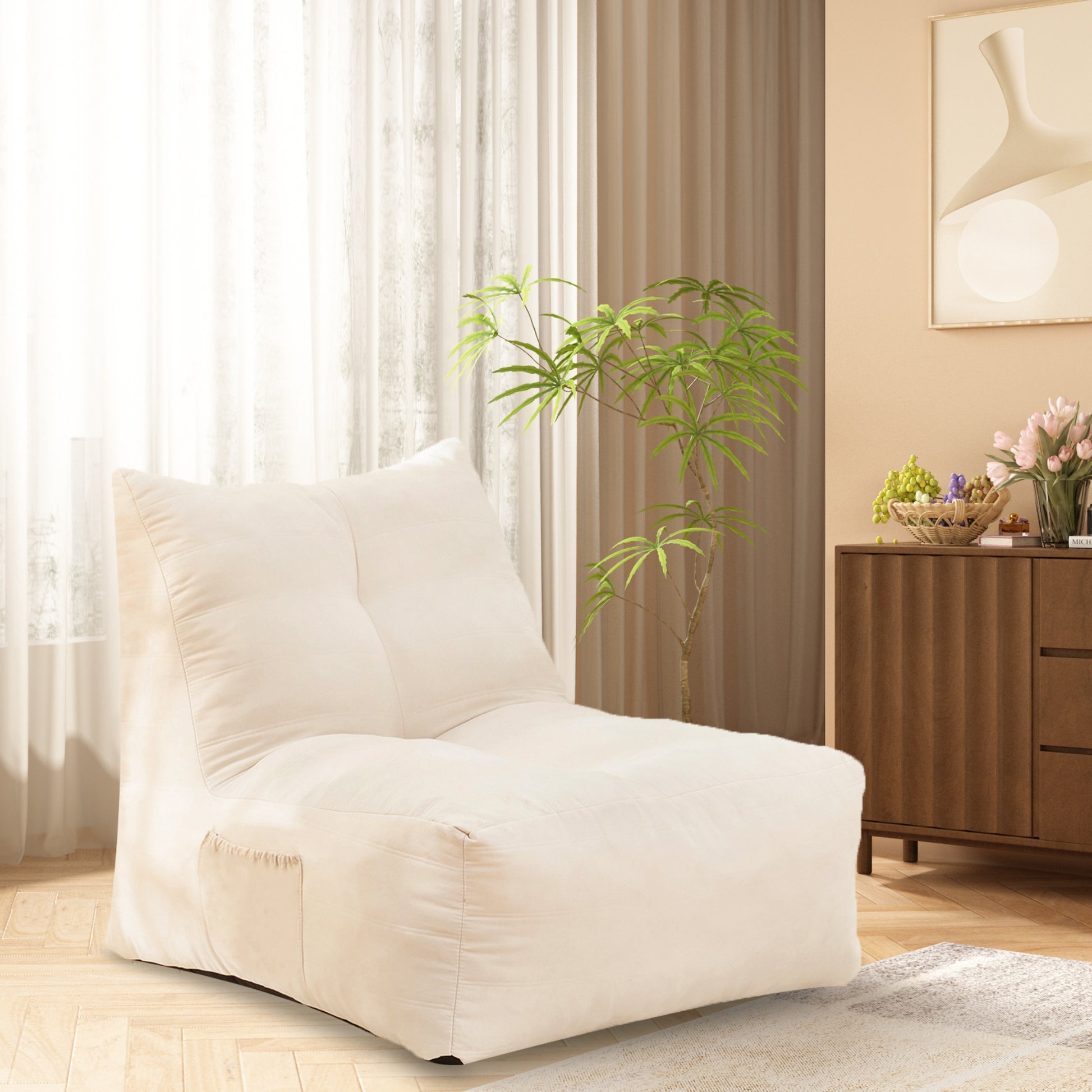 Cream velvet bean bag chair with deep pocket perfect for casual lounging