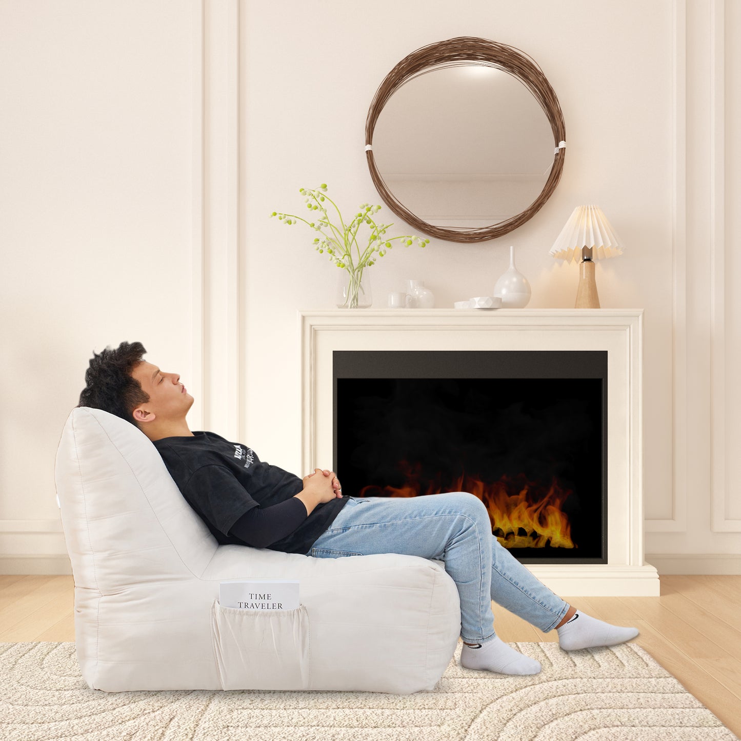 White fabric bean bag chair with side pocket holding a book ideal for cozy reading