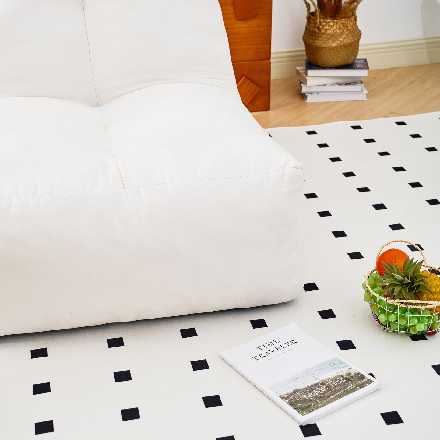 Plush white bean bag chair with stitched detailing for ultimate comfort